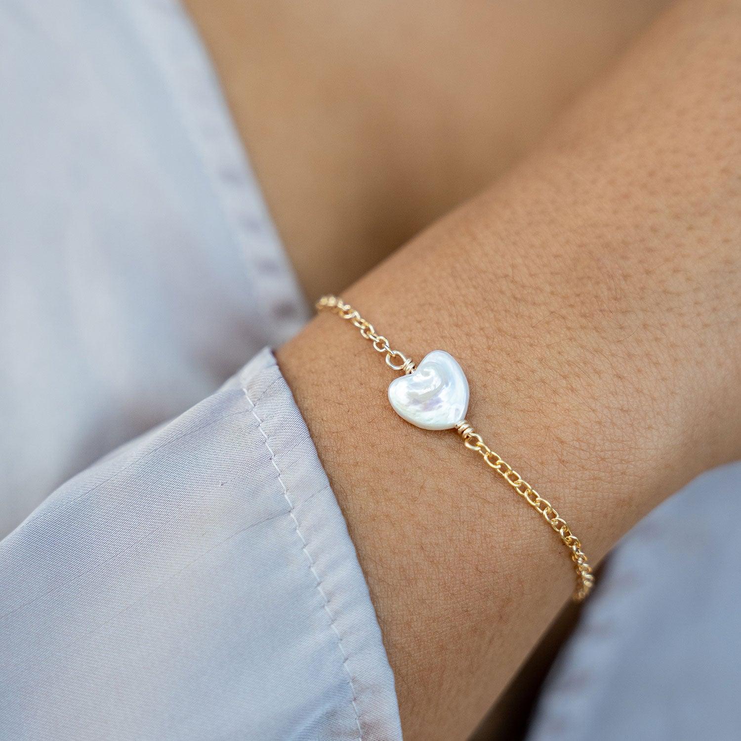 Freshwater Pearl Heart Bracelet - Freshwater Pearl Heart Bracelet - 14k Gold Fill - Luna Tide Handmade Crystal Jewellery