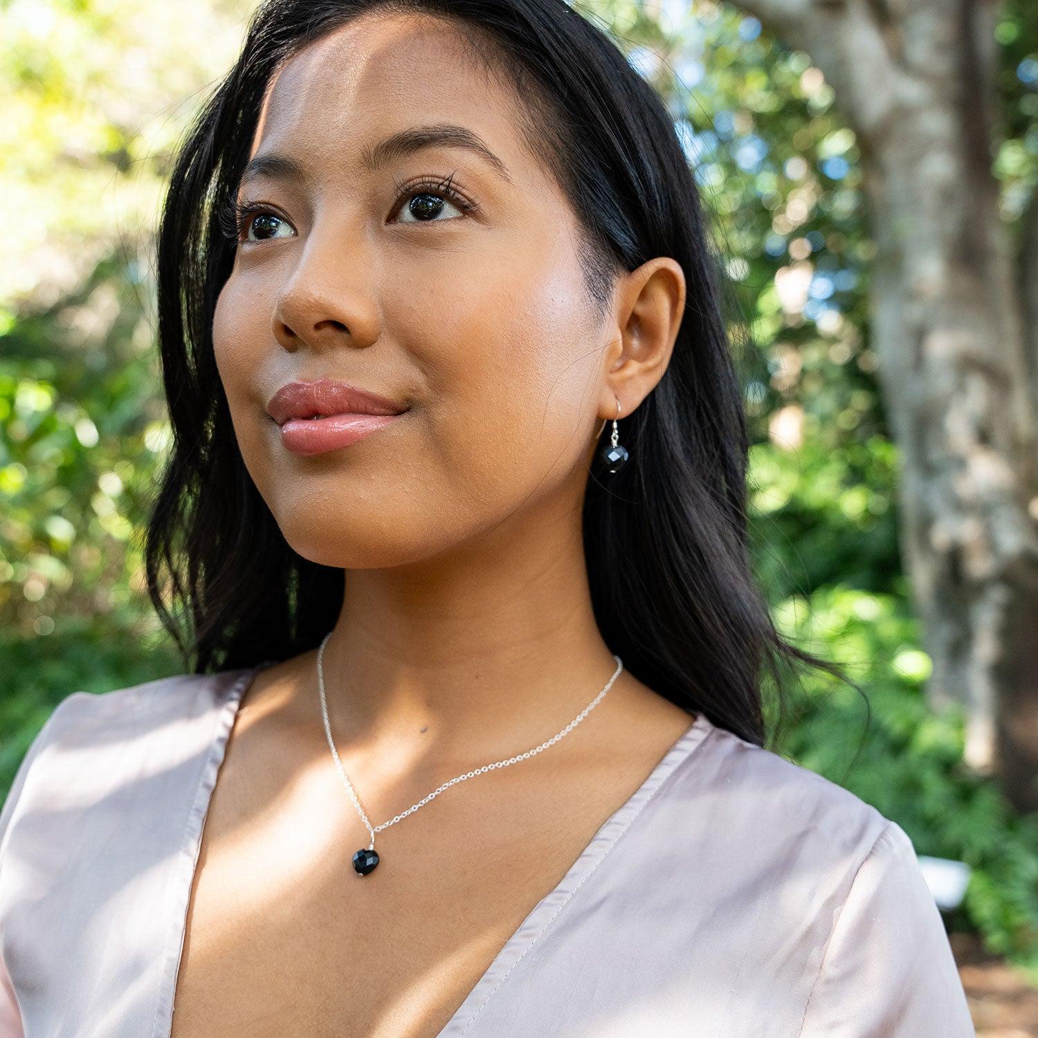 Black Onyx Crystal Heart Jewellery Set - Black Onyx Crystal Heart Jewellery Set - Sterling Silver / Cable / Necklace & Earrings & Bracelet - Luna Tide Handmade Crystal Jewellery