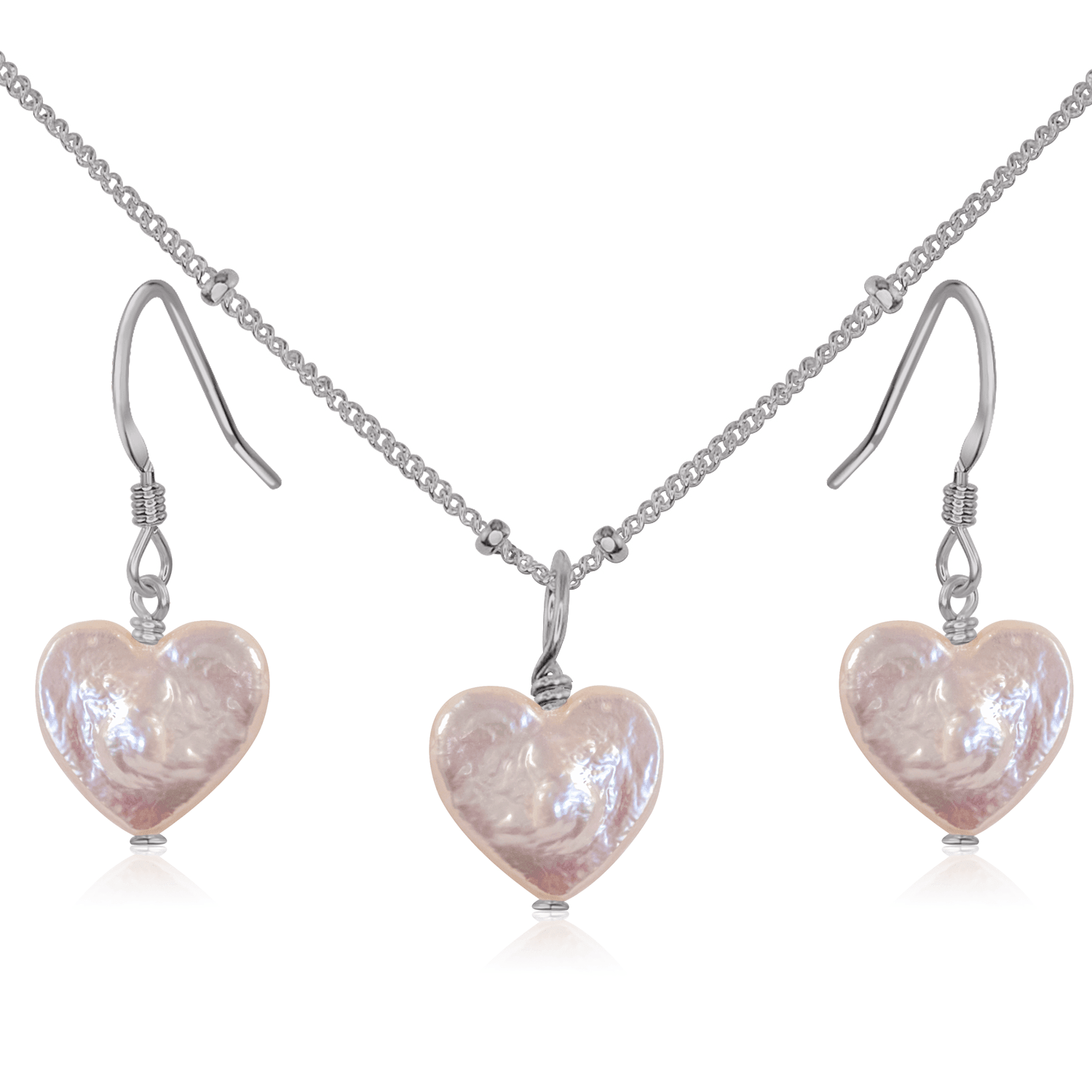 Freshwater Pearl Heart Jewellery Set - Freshwater Pearl Heart Jewellery Set - Stainless Steel / Satellite / Necklace & Earrings - Luna Tide Handmade Crystal Jewellery
