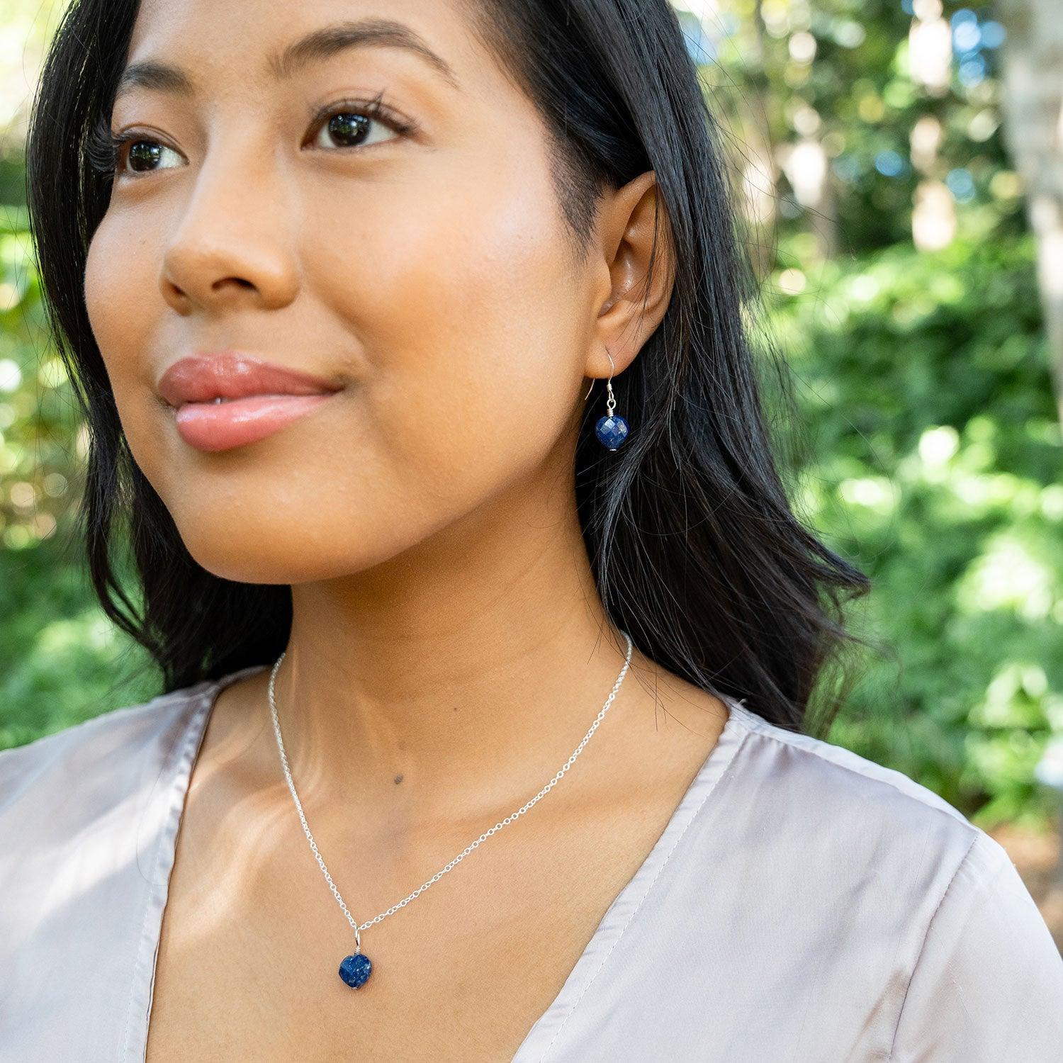 Lapis Lazuli Crystal Heart Jewellery Set - Lapis Lazuli Crystal Heart Jewellery Set - Sterling Silver / Cable / Necklace & Earrings & Bracelet - Luna Tide Handmade Crystal Jewellery