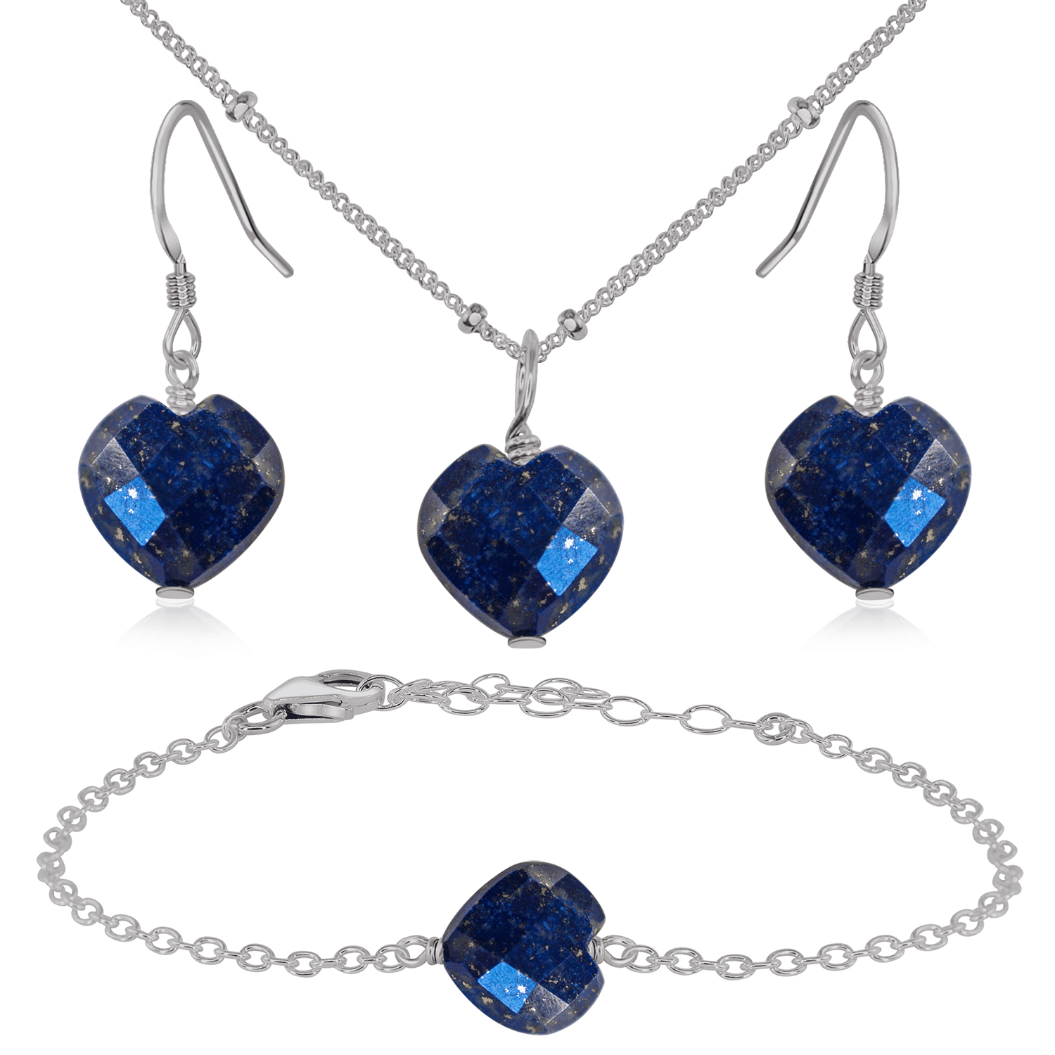 Lapis Lazuli Crystal Heart Jewellery Set - Lapis Lazuli Crystal Heart Jewellery Set - Stainless Steel / Satellite / Necklace & Earrings & Bracelet - Luna Tide Handmade Crystal Jewellery