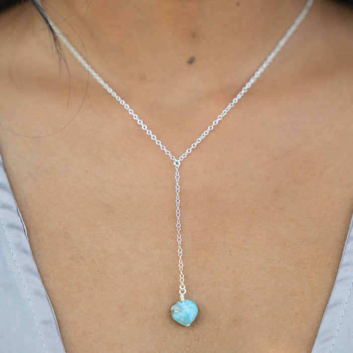 Larimar Crystal Heart Lariat Necklace - Larimar Crystal Heart Lariat Necklace - Sterling Silver - Luna Tide Handmade Crystal Jewellery