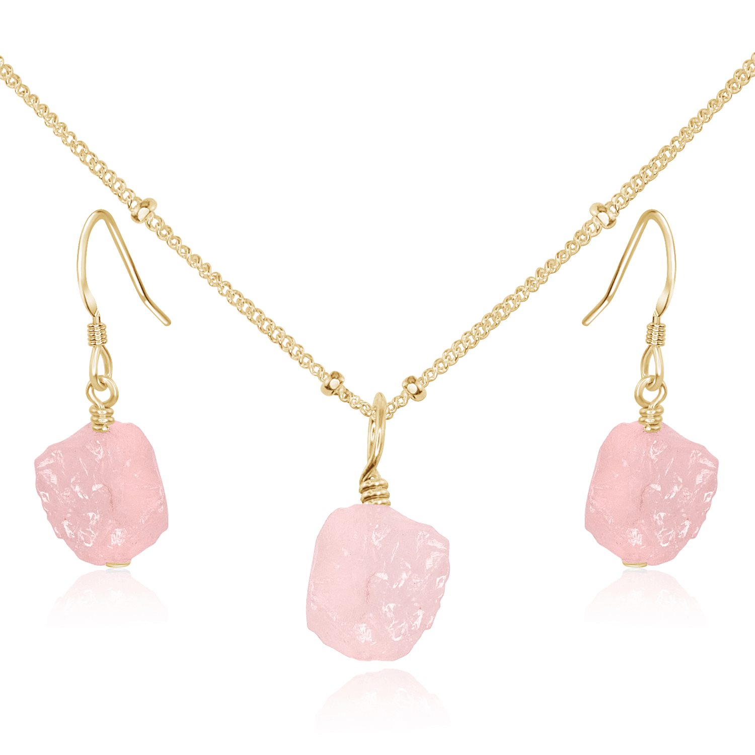Raw Rose Quartz Crystal Earrings & Necklace Set - Raw Rose Quartz Crystal Earrings & Necklace Set - 14k Gold Fill / Satellite - Luna Tide Handmade Crystal Jewellery