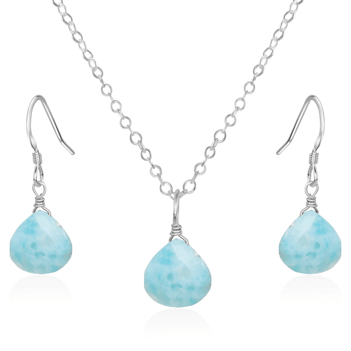 Larimar Tiny Teardrop Earrings & Necklace Set - Larimar Tiny Teardrop Earrings & Necklace Set - Sterling Silver / Cable - Luna Tide Handmade Crystal Jewellery