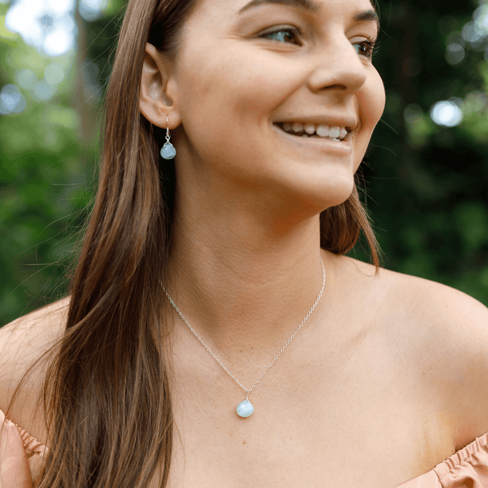 Blue Lace Agate Tiny Teardrop Earrings & Necklace Set - Blue Lace Agate Tiny Teardrop Earrings & Necklace Set - Sterling Silver / Cable - Luna Tide Handmade Crystal Jewellery