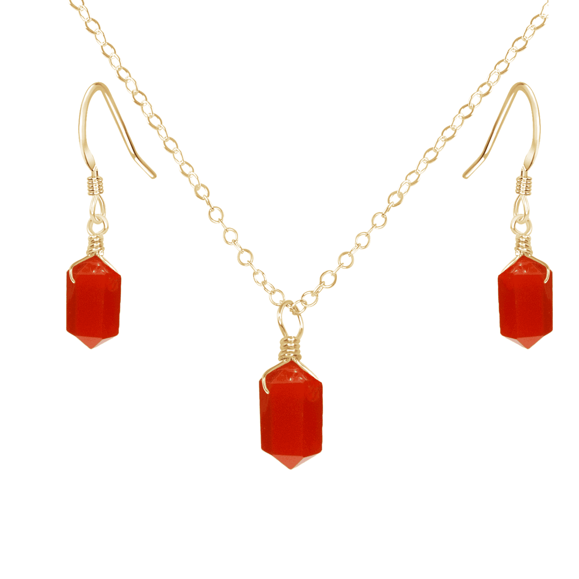 Carnelian Mini Double Terminated Crystal Point Earrings & Necklace Set - Carnelian Mini Double Terminated Crystal Point Earrings & Necklace Set - 14k Gold Fill - Luna Tide Handmade Crystal Jewellery