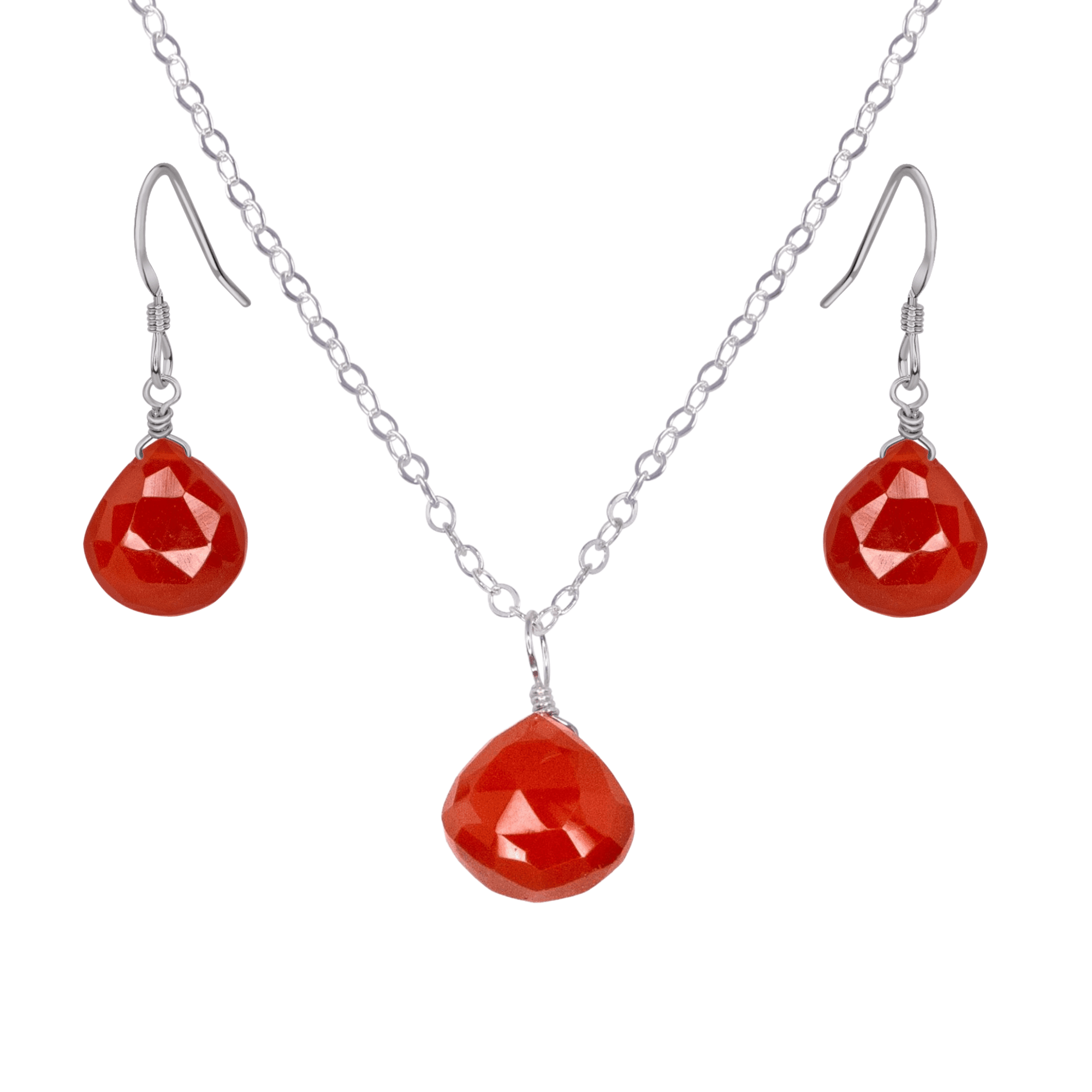 Carnelian Tiny Teardrop Earrings & Necklace Set - Carnelian Tiny Teardrop Earrings & Necklace Set - Stainless Steel / Cable - Luna Tide Handmade Crystal Jewellery