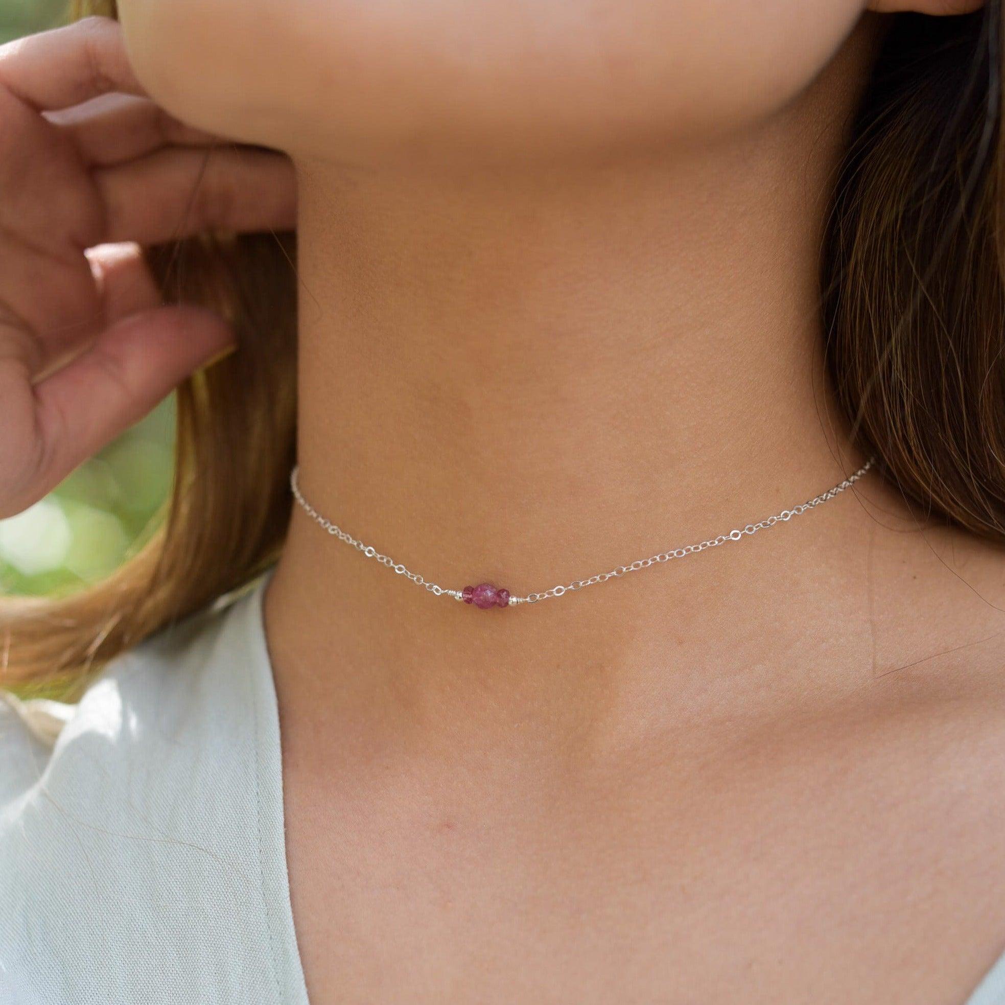 Dainty Pink Tourmaline Gemstone Choker Necklace - Dainty Pink Tourmaline Gemstone Choker Necklace - Sterling Silver - Luna Tide Handmade Crystal Jewellery