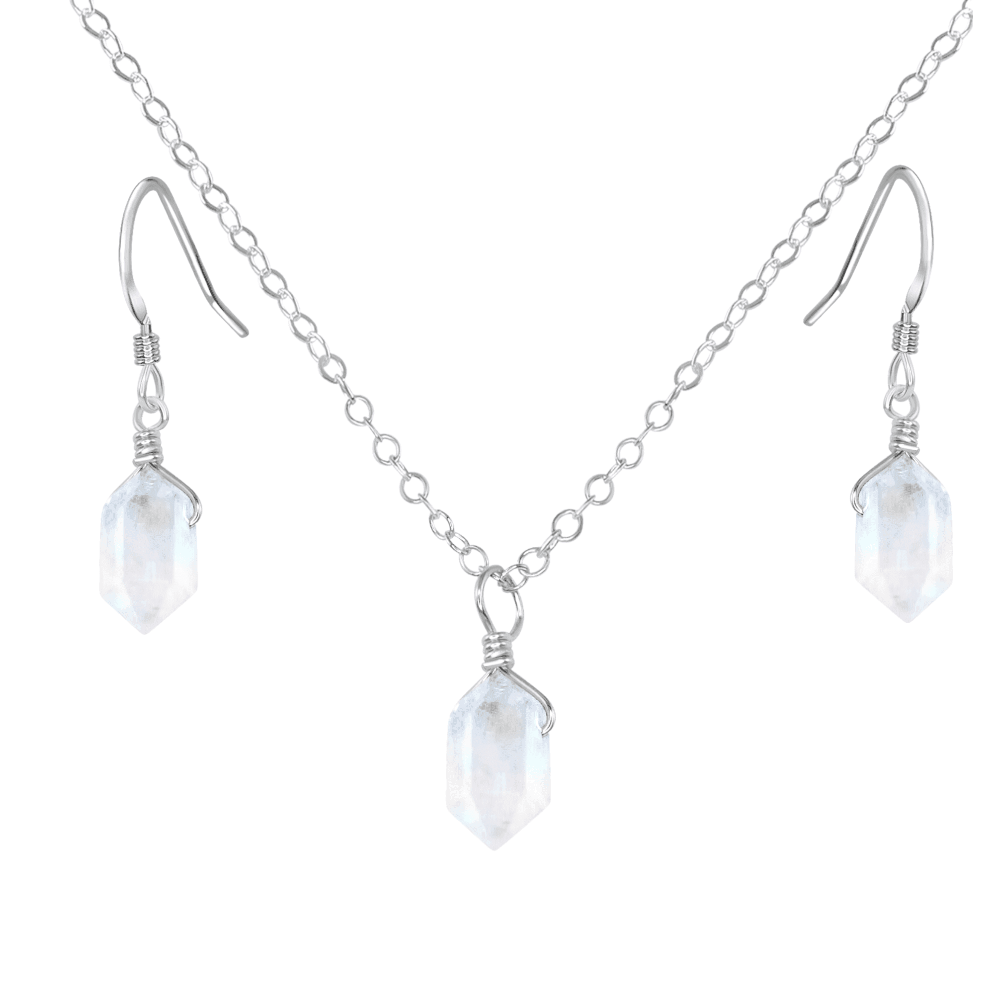 Rainbow Moonstone Mini Double Terminated Crystal Point Earrings & Necklace Set - Rainbow Moonstone Mini Double Terminated Crystal Point Earrings & Necklace Set - Sterling Silver - Luna Tide Handmade Crystal Jewellery