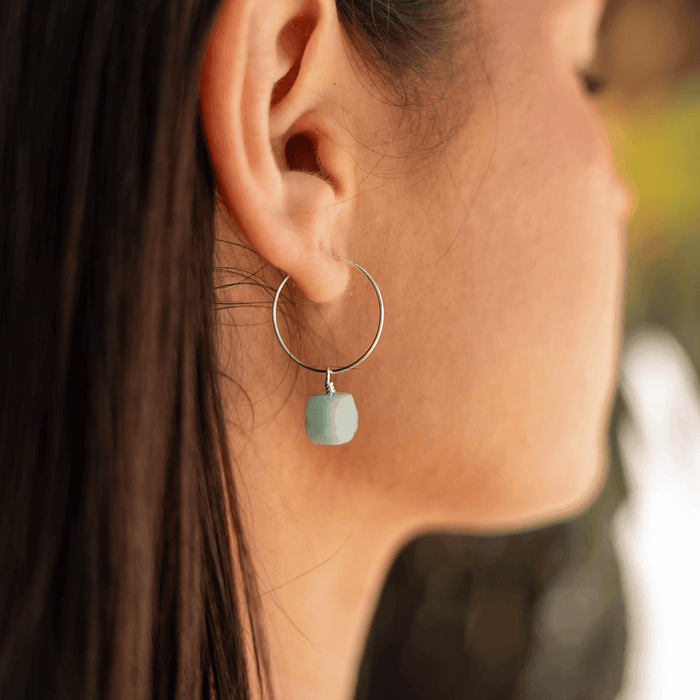 Raw Amazonite Gemstone Dangle Hoop Earrings - Raw Amazonite Gemstone Dangle Hoop Earrings - Sterling Silver - Luna Tide Handmade Crystal Jewellery