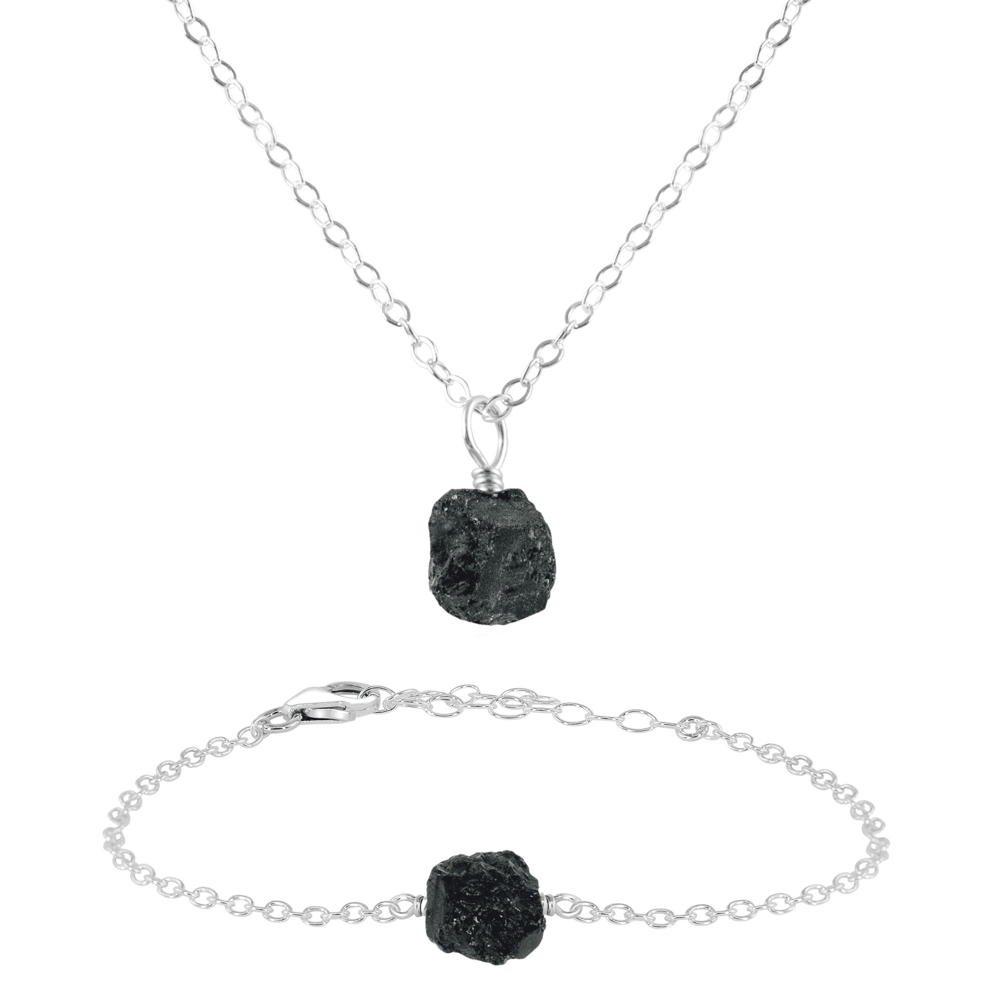 Raw Black Tourmaline Crystal Necklace & Bracelet Set - Raw Black Tourmaline Crystal Necklace & Bracelet Set - Sterling Silver - Luna Tide Handmade Crystal Jewellery
