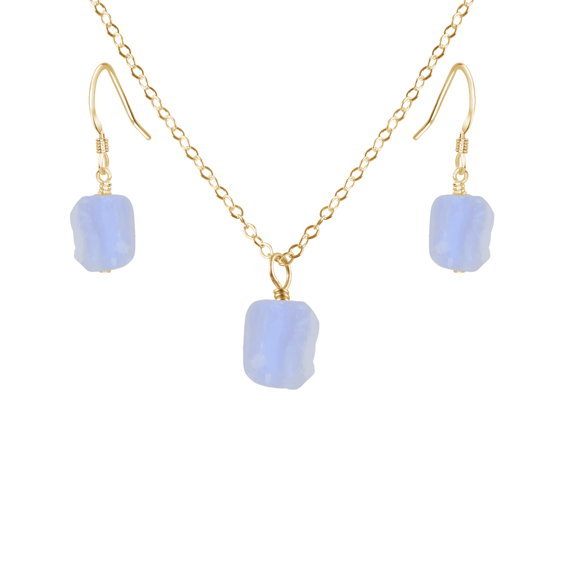 Raw Blue Lace Agate Crystal Earrings & Necklace Set - Raw Blue Lace Agate Crystal Earrings & Necklace Set - 14k Gold Fill / Cable - Luna Tide Handmade Crystal Jewellery
