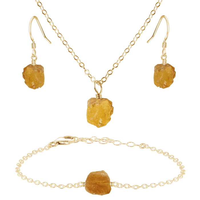 Raw Citrine Crystal Earrings, Necklace & Bracelet Set - Raw Citrine Crystal Earrings, Necklace & Bracelet Set - 14k Gold Fill - Luna Tide Handmade Crystal Jewellery
