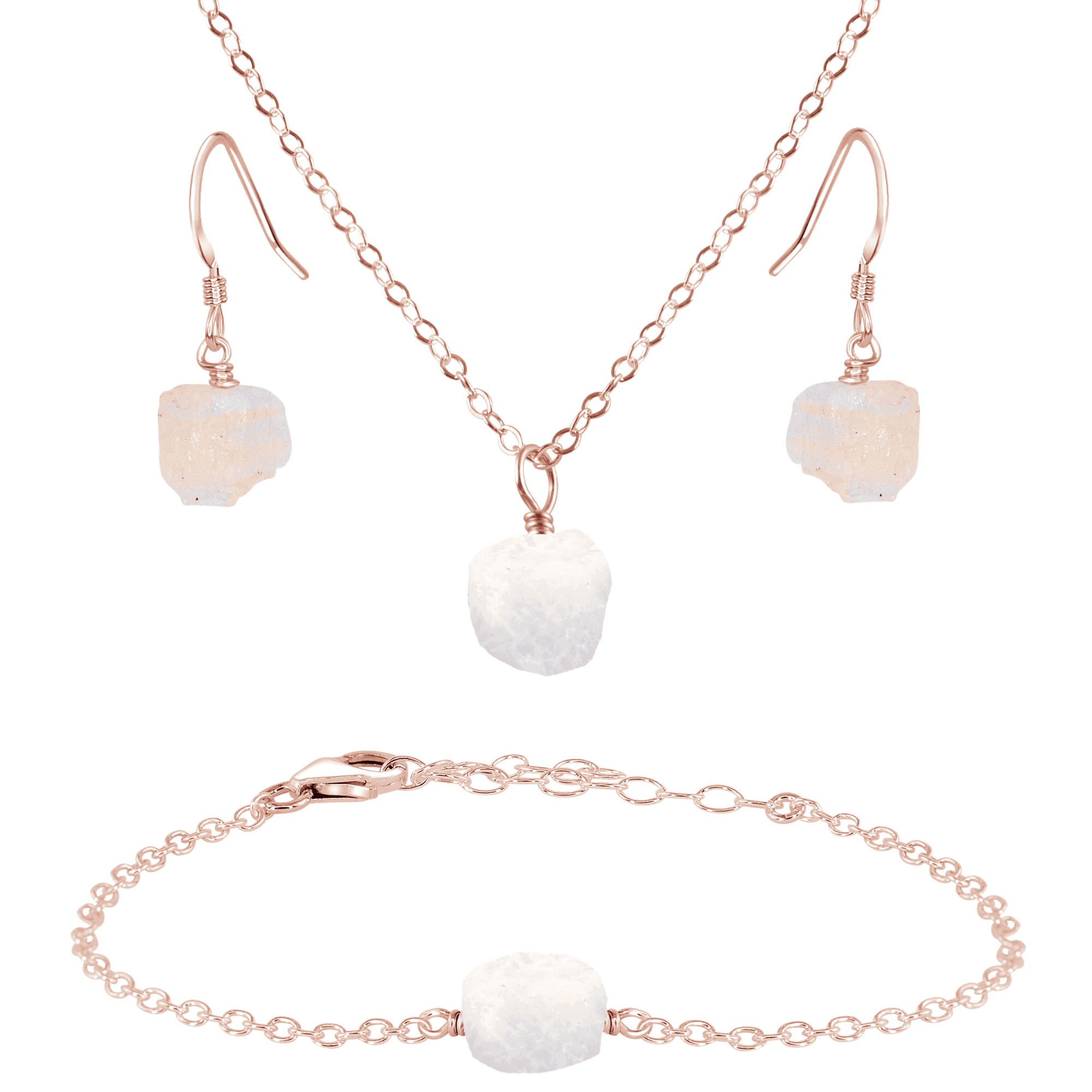Raw Rainbow Moonstone Crystal Earrings, Necklace & Bracelet Set - Raw Rainbow Moonstone Crystal Earrings, Necklace & Bracelet Set - 14k Rose Gold Fill - Luna Tide Handmade Crystal Jewellery