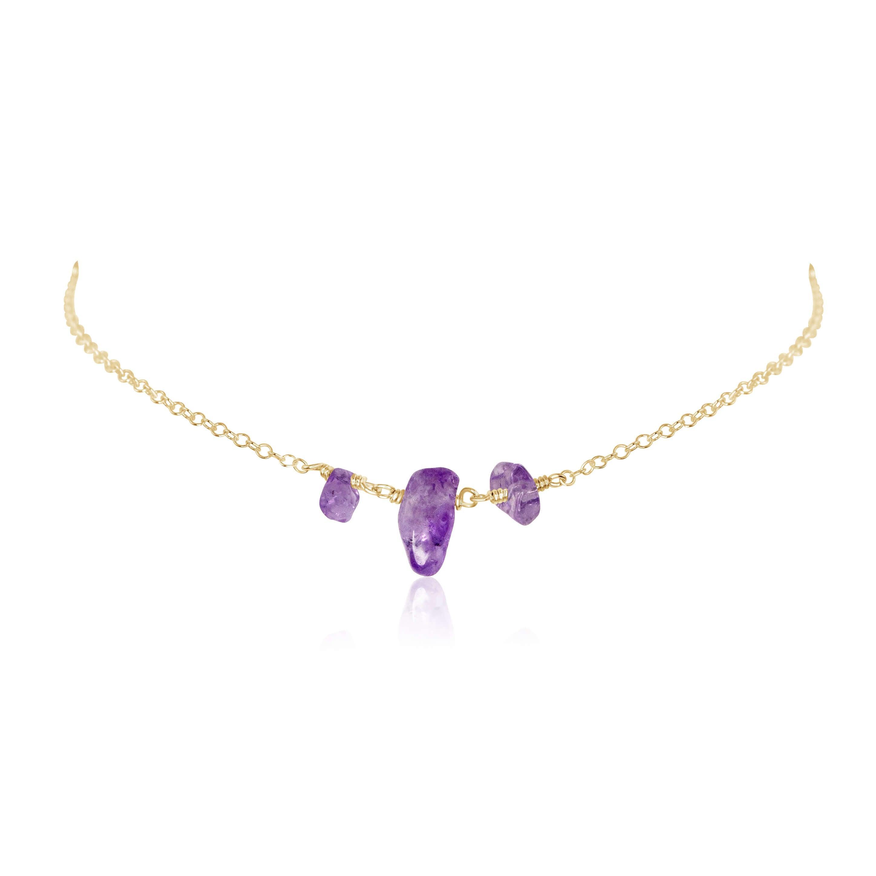 Amethyst Beaded Chain Choker Necklace - Amethyst Beaded Chain Choker Necklace - 14k Gold Fill - Luna Tide Handmade Crystal Jewellery