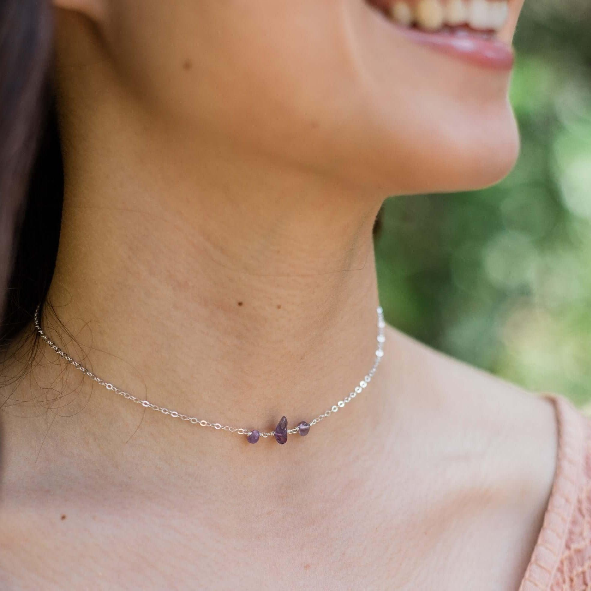 Amethyst Beaded Chain Choker Necklace - Amethyst Beaded Chain Choker Necklace - Sterling Silver - Luna Tide Handmade Crystal Jewellery
