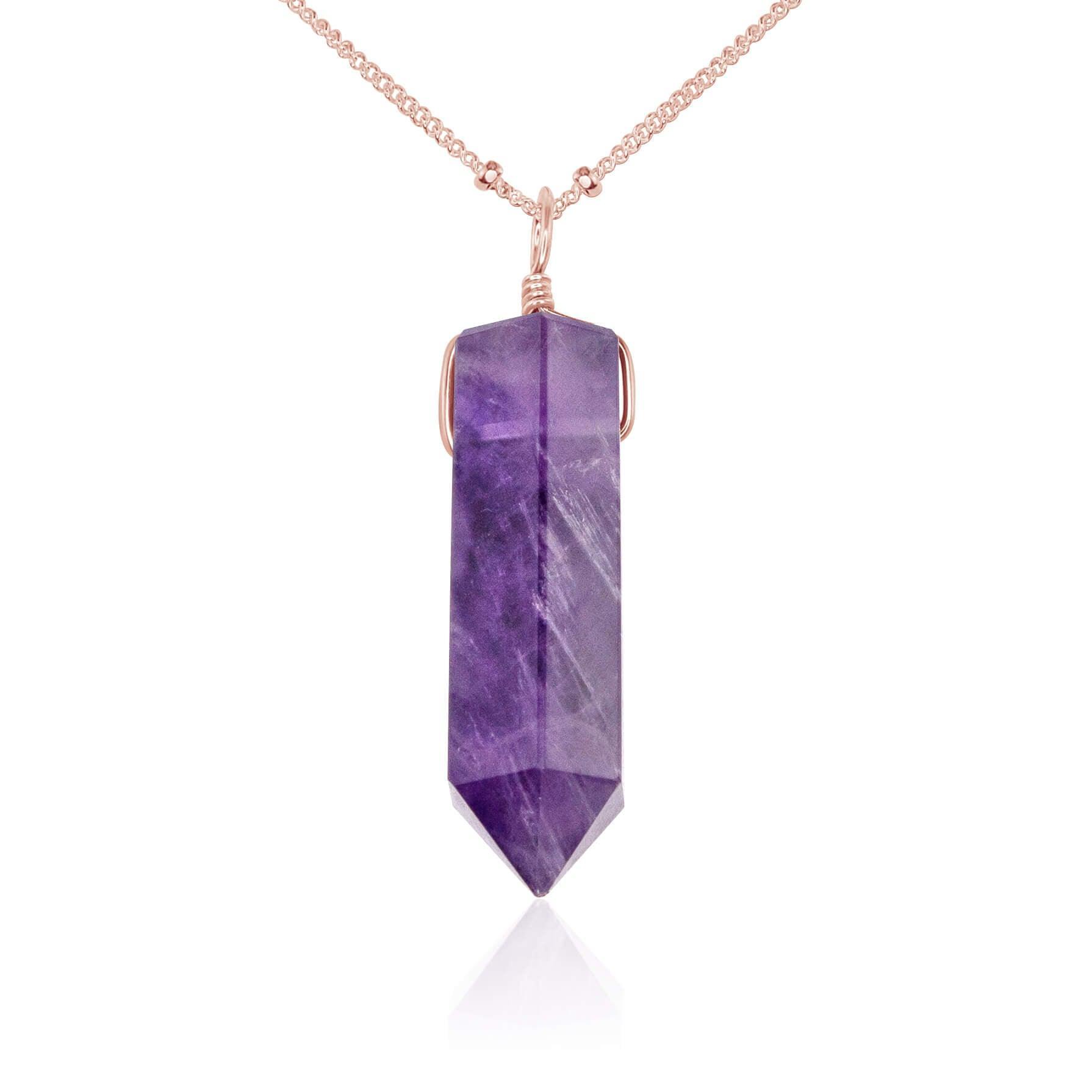 Amethyst Crystal Generator Point Pendant Necklace - Amethyst Crystal Generator Point Pendant Necklace - 14k Rose Gold Fill / Satellite - Luna Tide Handmade Crystal Jewellery