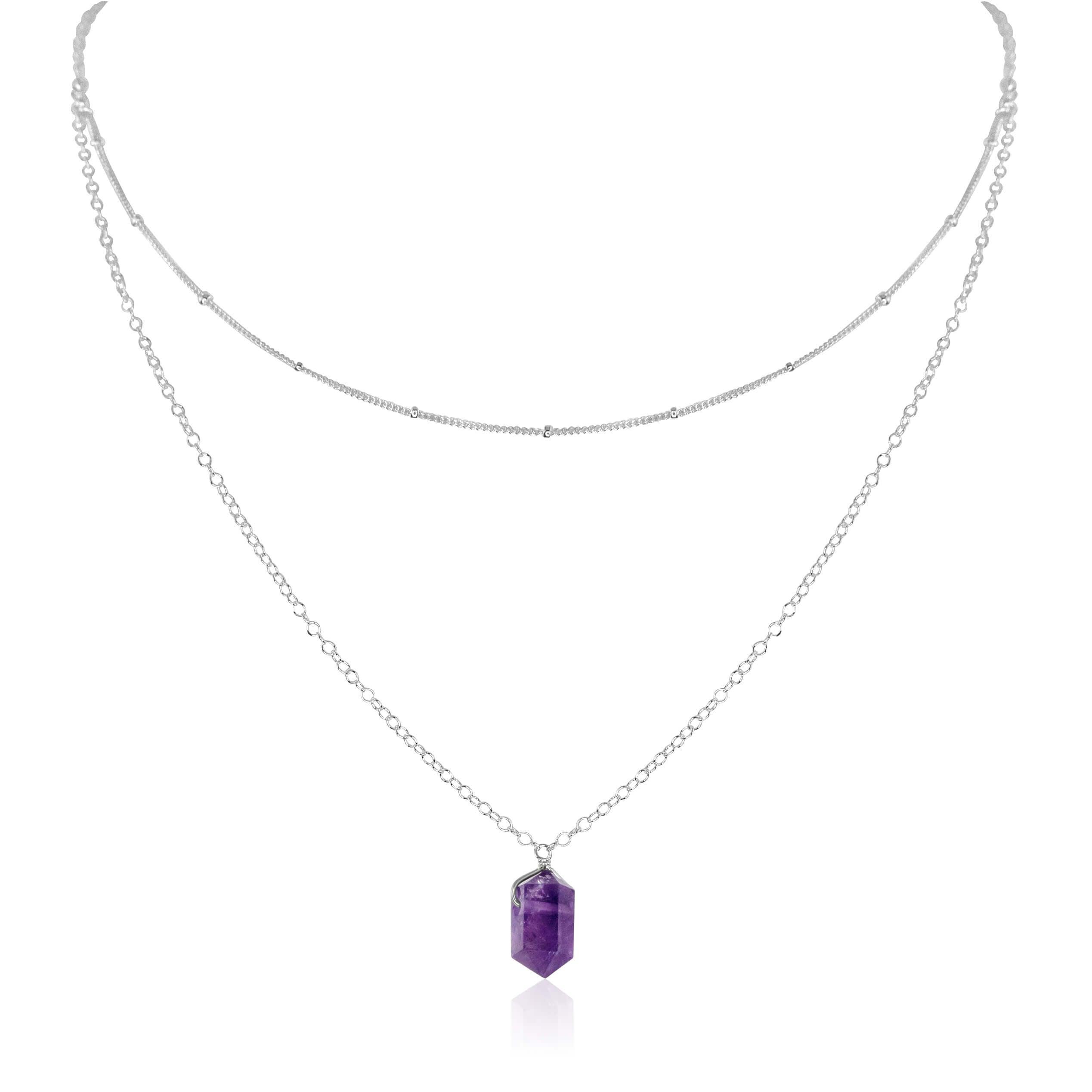 Amethyst Double Terminated Crystal Chain Layered Choker Necklace - Amethyst Double Terminated Crystal Chain Layered Choker Necklace - Sterling Silver - Luna Tide Handmade Crystal Jewellery