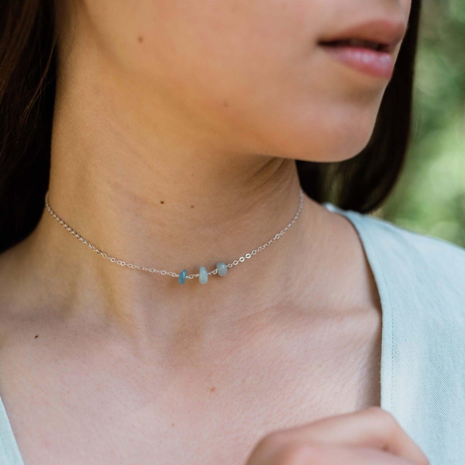 Aquamarine Beaded Chain Choker Necklace - Aquamarine Beaded Chain Choker Necklace - Sterling Silver - Luna Tide Handmade Crystal Jewellery