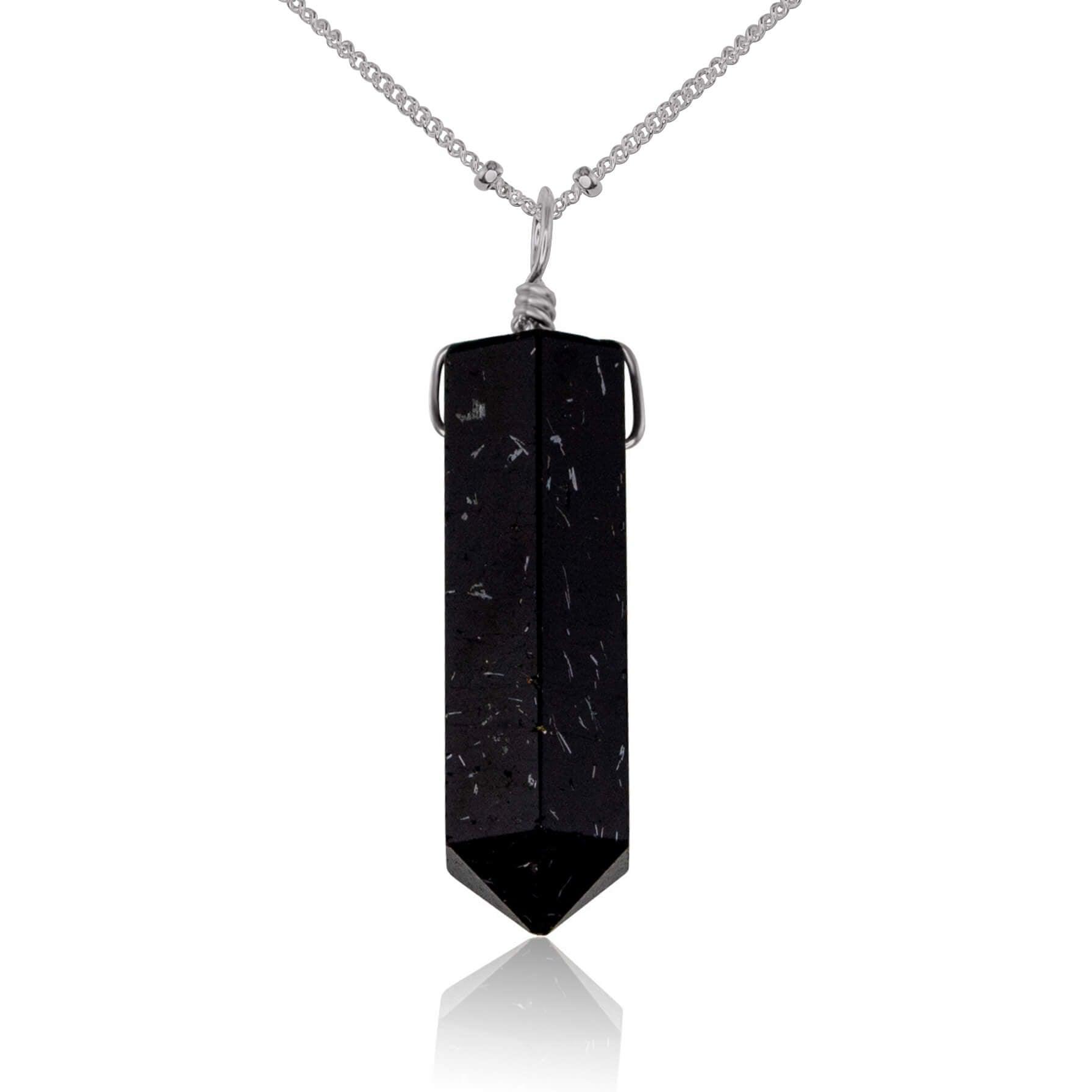 Black Tourmaline Crystal Generator Point Pendant Necklace - Black Tourmaline Crystal Generator Point Pendant Necklace - Stainless Steel / Satellite - Luna Tide Handmade Crystal Jewellery