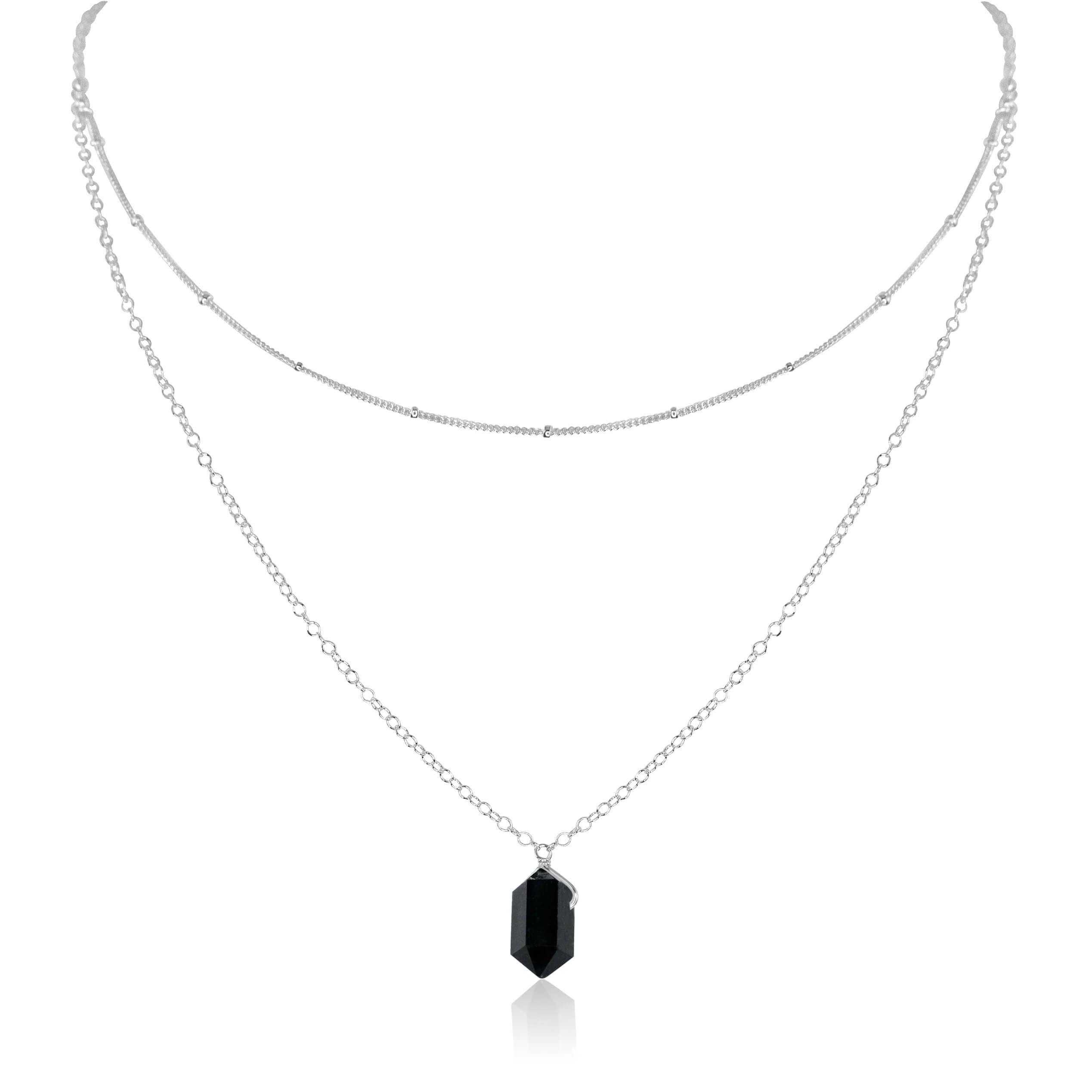 Black Tourmaline Double Terminated Crystal Chain Layered Choker Necklace - Black Tourmaline Double Terminated Crystal Chain Layered Choker Necklace - Sterling Silver - Luna Tide Handmade Crystal Jewellery