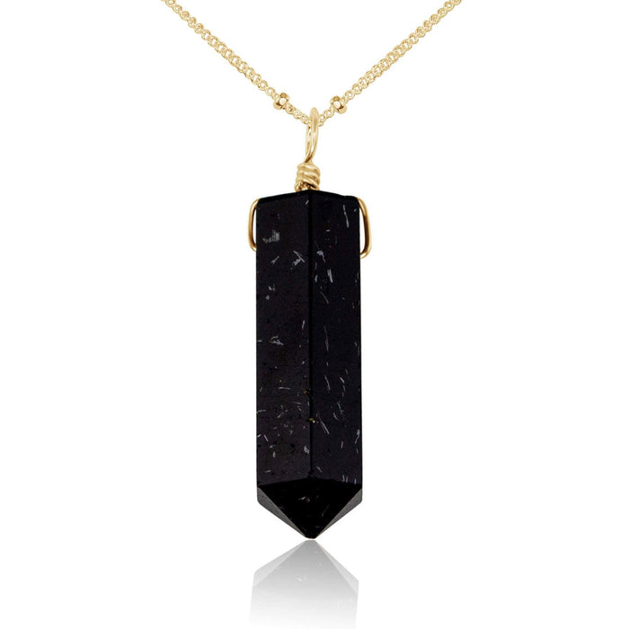 Black Tourmaline Gemstone Generator Tower Point Pendant Necklace - Black Tourmaline Gemstone Generator Tower Point Pendant Necklace - 14k Gold Fill / Satellite - Luna Tide Handmade Crystal Jewellery