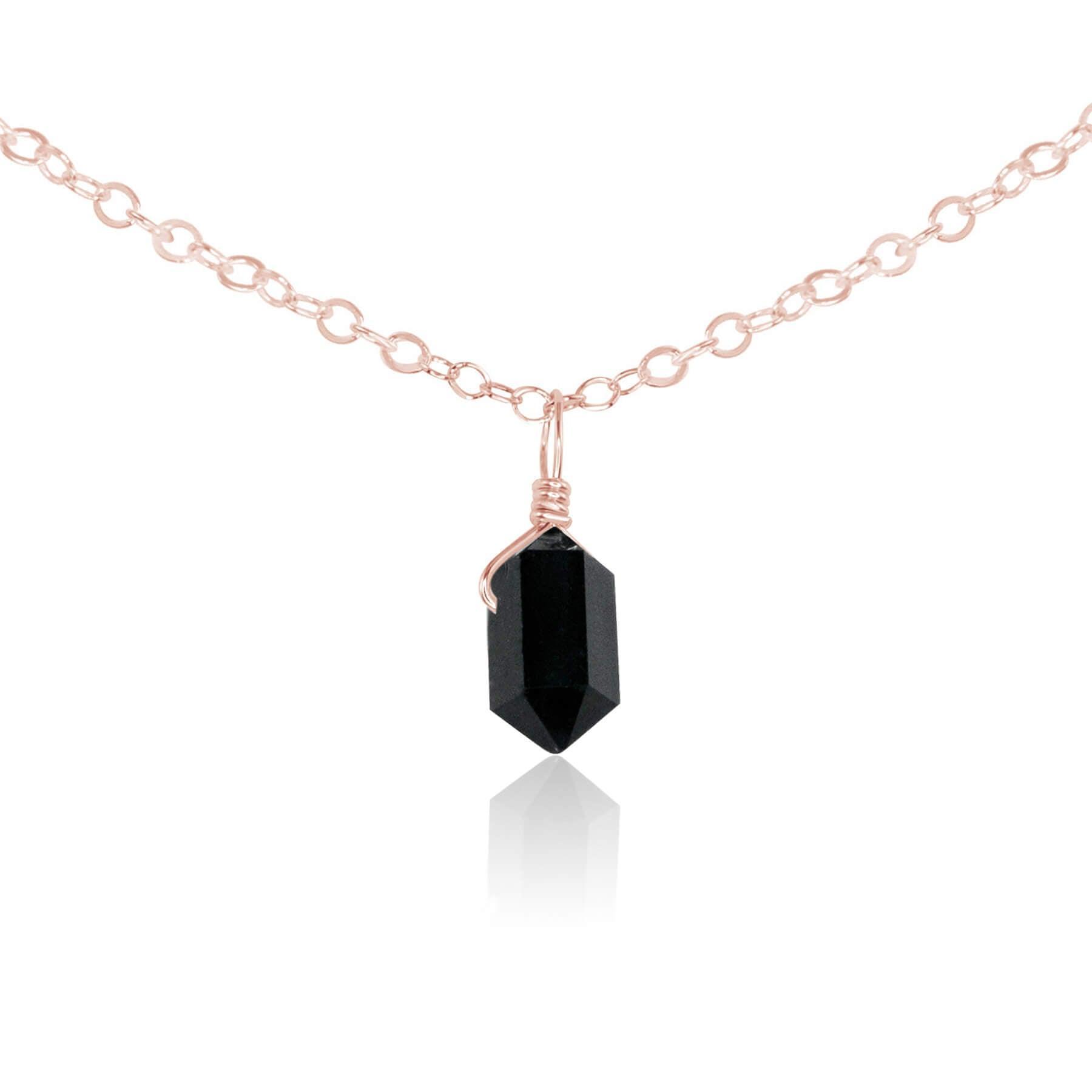 Black Tourmaline Mini Double Terminated Crystal Point Pendant Choker Necklace - Black Tourmaline Mini Double Terminated Crystal Point Pendant Choker Necklace - 14k Rose Gold Fill / Cable - Luna Tide Handmade Crystal Jewellery