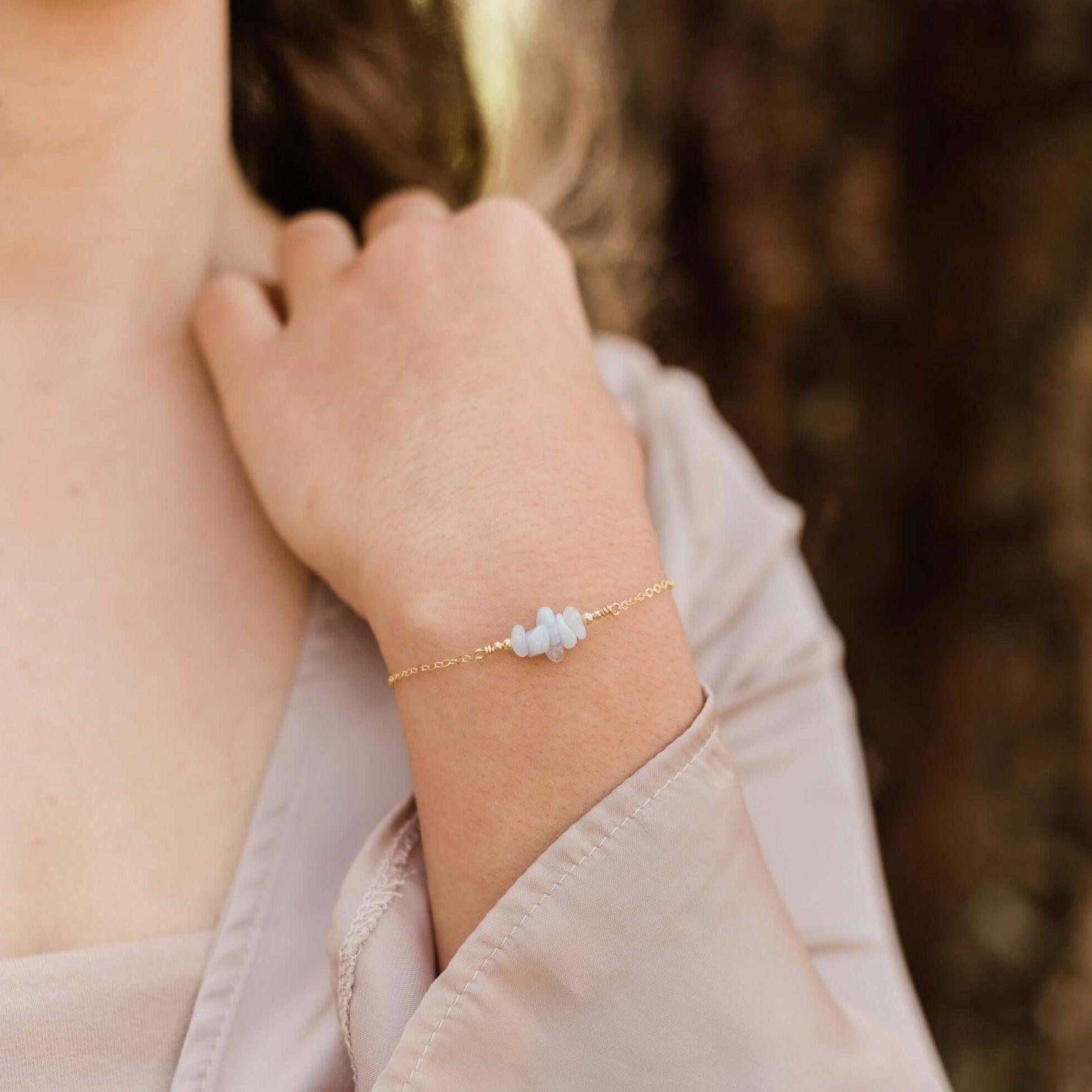 Blue lace agate Chip Bead Bar Bracelet - Blue lace agate Chip Bead Bar Bracelet - Sterling Silver - Luna Tide Handmade Crystal Jewellery