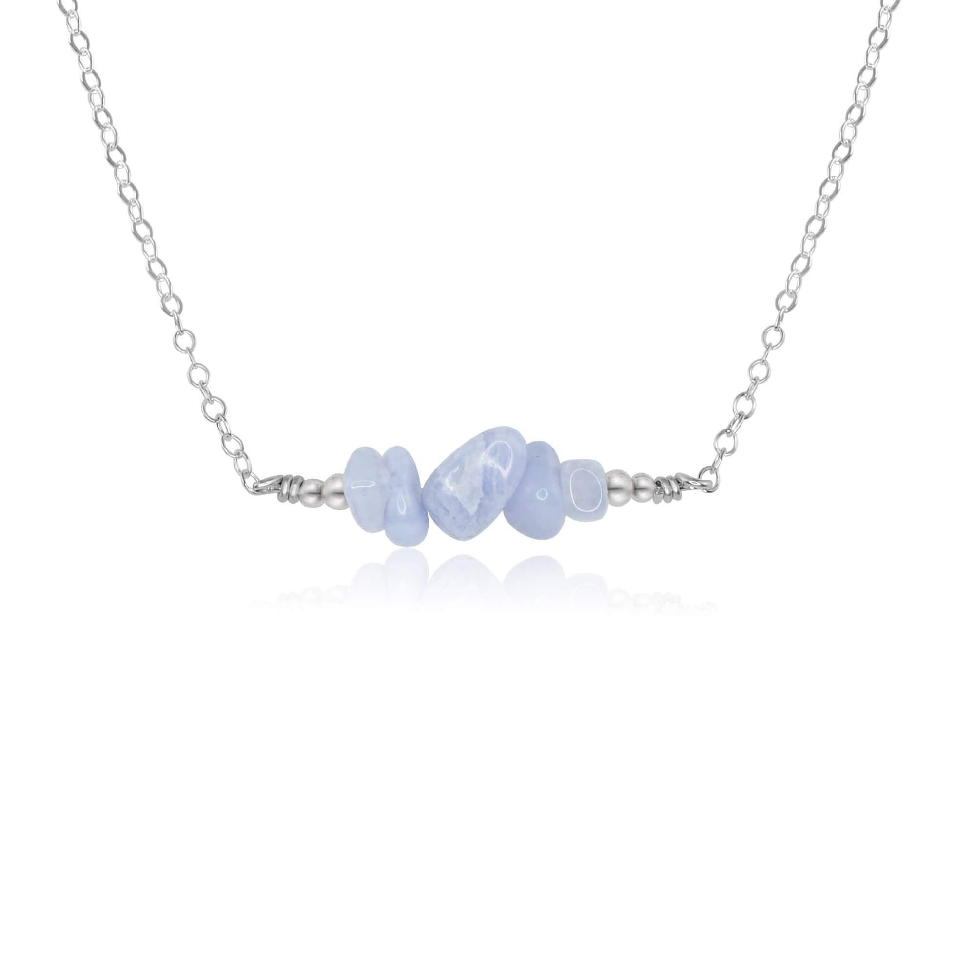 Blue Lace Agate Chip Bead Bar Necklace - Blue Lace Agate Chip Bead Bar Necklace - Sterling Silver - Luna Tide Handmade Crystal Jewellery