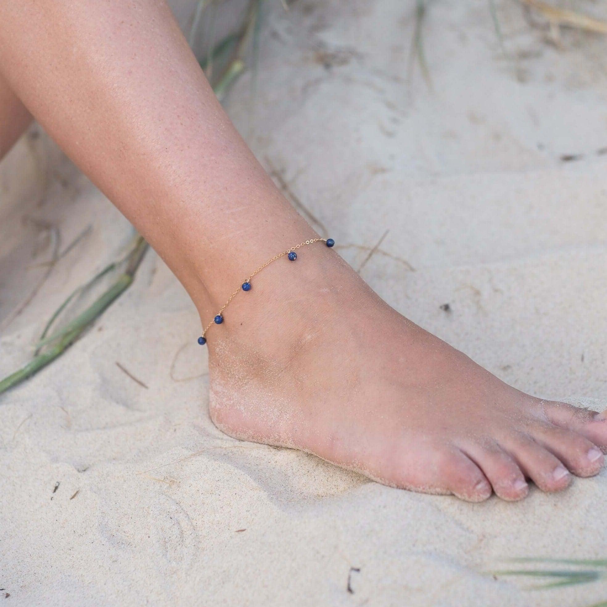 Boho Lapis Lazuli Bead Drop Anklet - Boho Lapis Lazuli Bead Drop Anklet - Sterling Silver - Luna Tide Handmade Crystal Jewellery