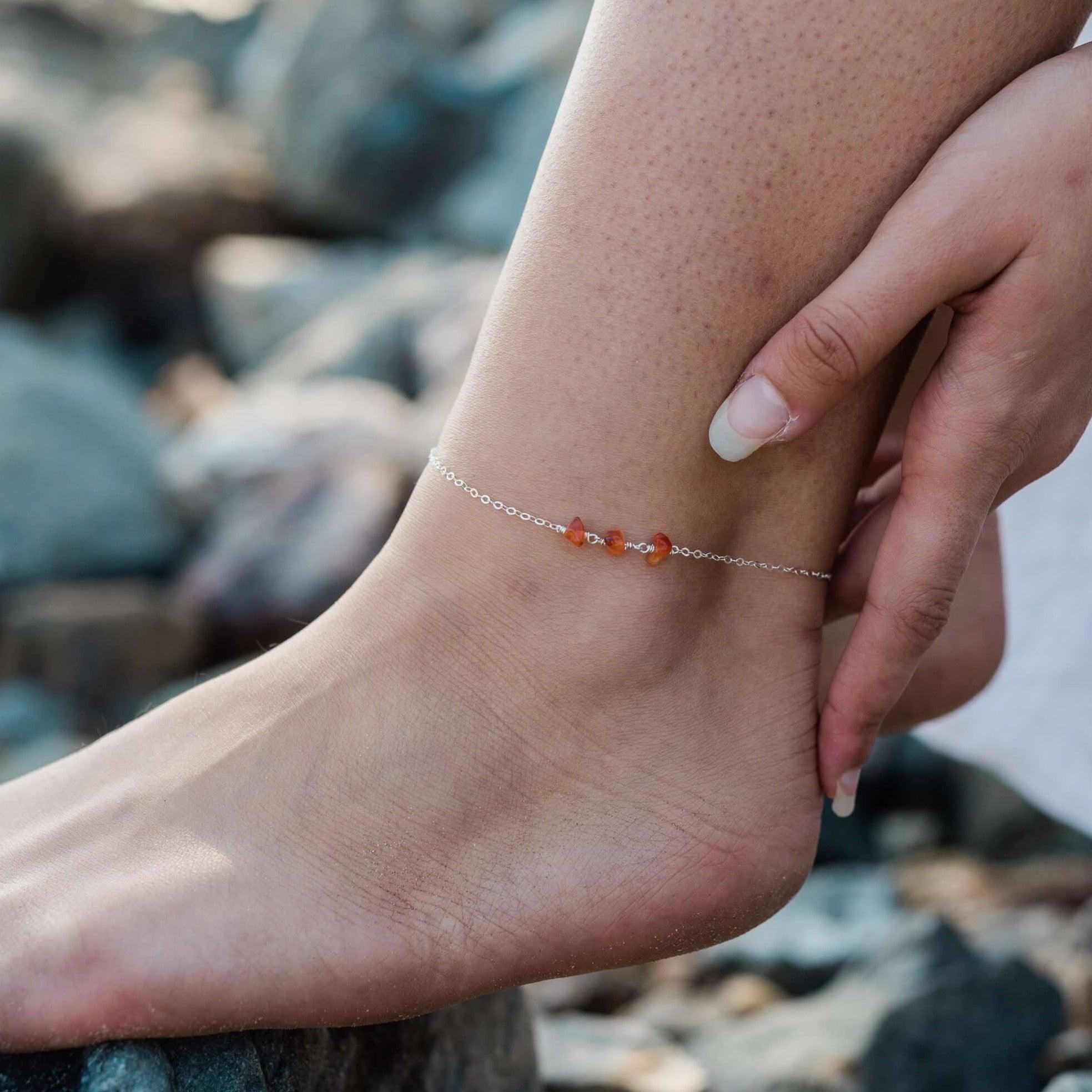 Carnelian Beaded Chain Anklet - Carnelian Beaded Chain Anklet - 14k Gold Fill - Luna Tide Handmade Crystal Jewellery