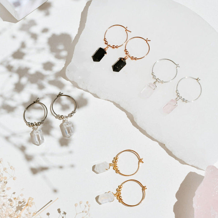 Custom Double Terminated Mini Crystal Point Dangle Hoop Earrings - Custom Double Terminated Mini Crystal Point Dangle Hoop Earrings - 14k Gold Fill / 15mm - Luna Tide Handmade Crystal Jewellery