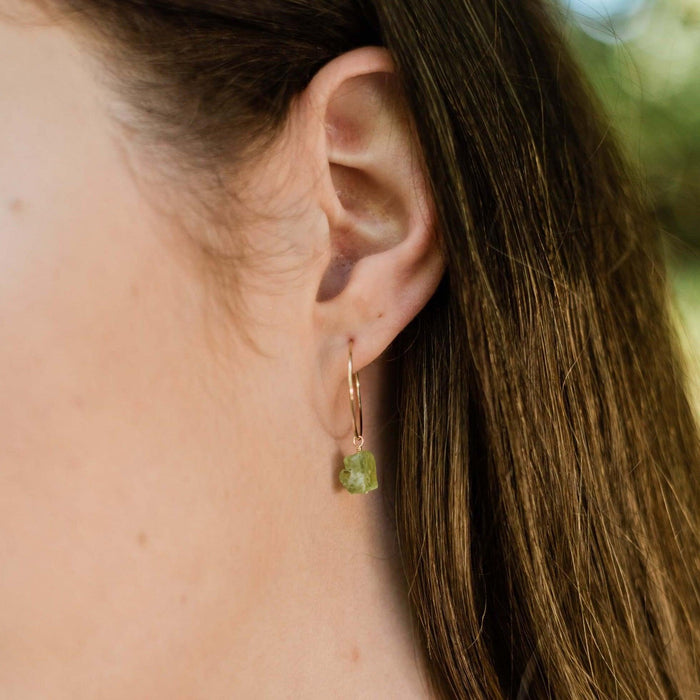Custom Raw Gemstone Dangle Hoop Earrings - Custom Raw Gemstone Dangle Hoop Earrings - 14k Gold Fill / 15mm - Luna Tide Handmade Crystal Jewellery