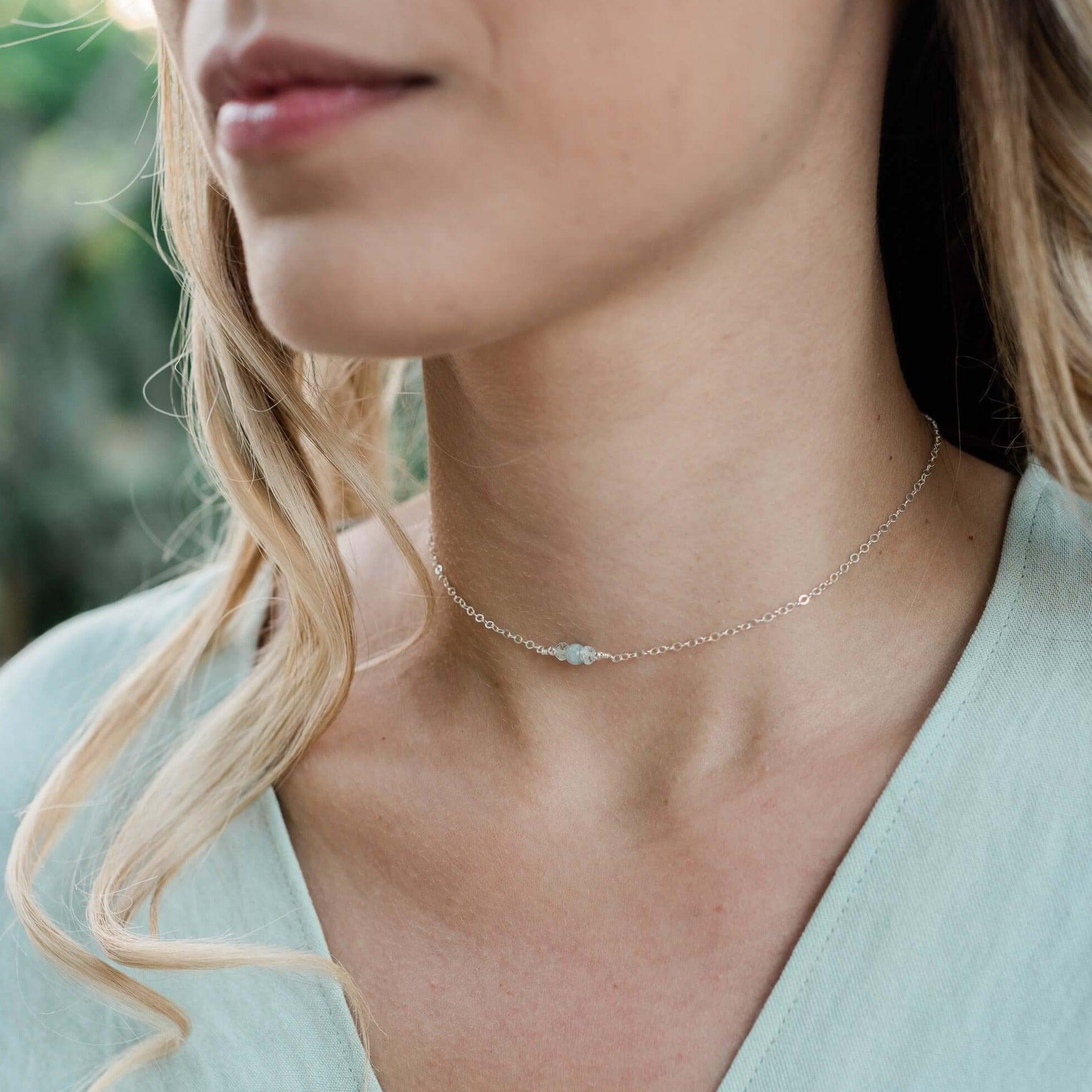 Dainty Aquamarine Gemstone Choker Necklace - Dainty Aquamarine Gemstone Choker Necklace - Sterling Silver - Luna Tide Handmade Crystal Jewellery