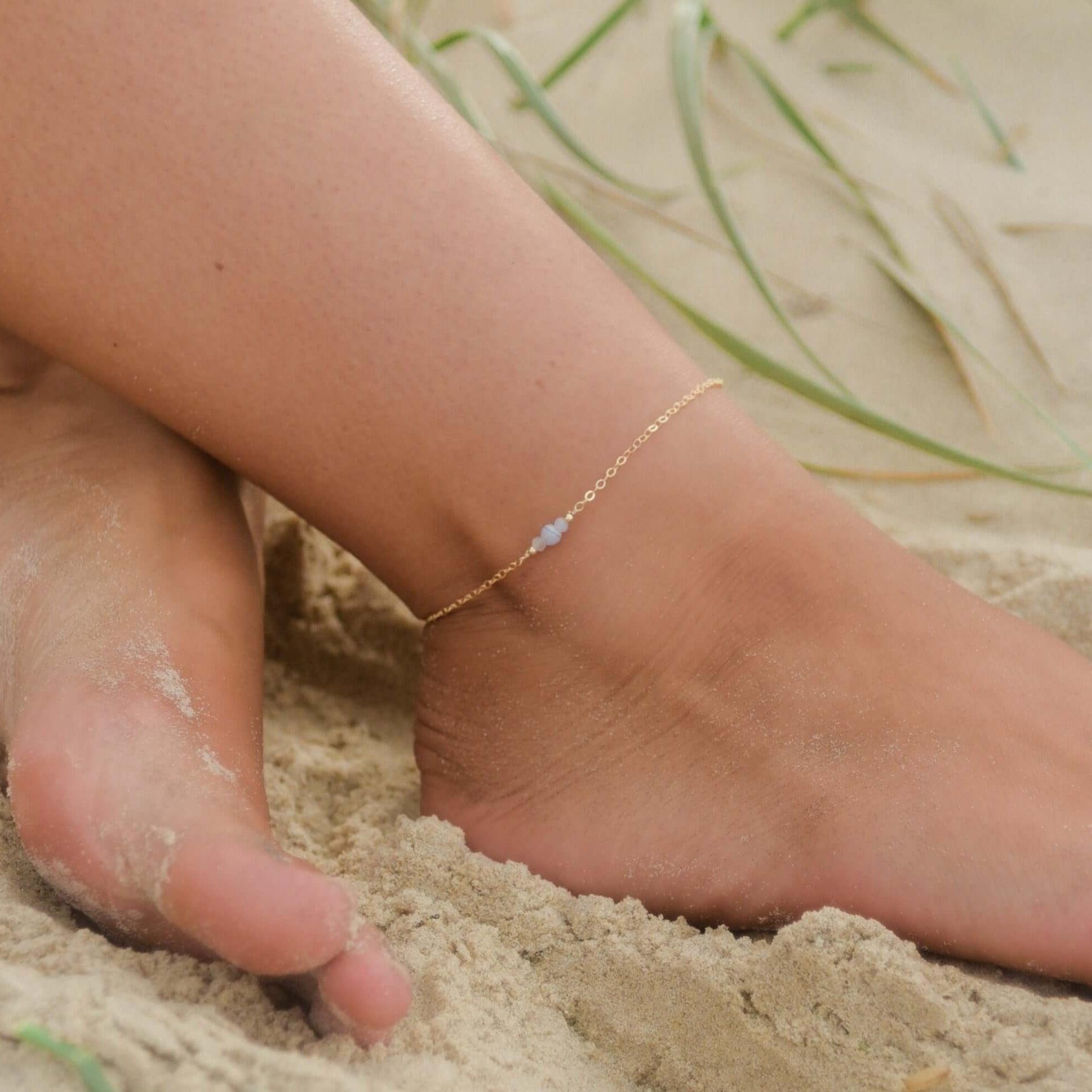Dainty Blue Lace Agate Gemstone Anklet - Dainty Blue Lace Agate Gemstone Anklet - 14k Gold Fill - Luna Tide Handmade Crystal Jewellery