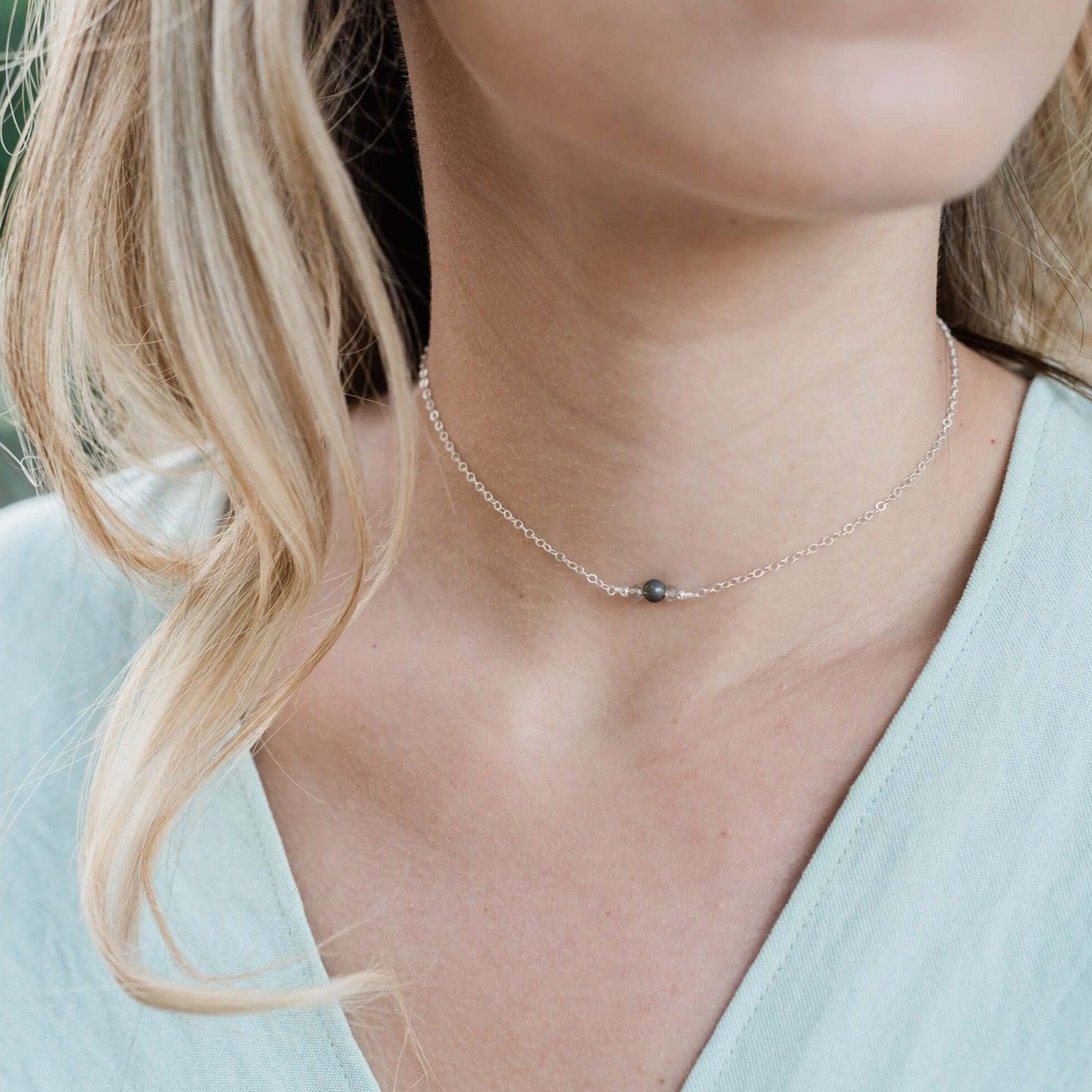 Dainty Labradorite Gemstone Choker Necklace - Dainty Labradorite Gemstone Choker Necklace - Sterling Silver - Luna Tide Handmade Crystal Jewellery