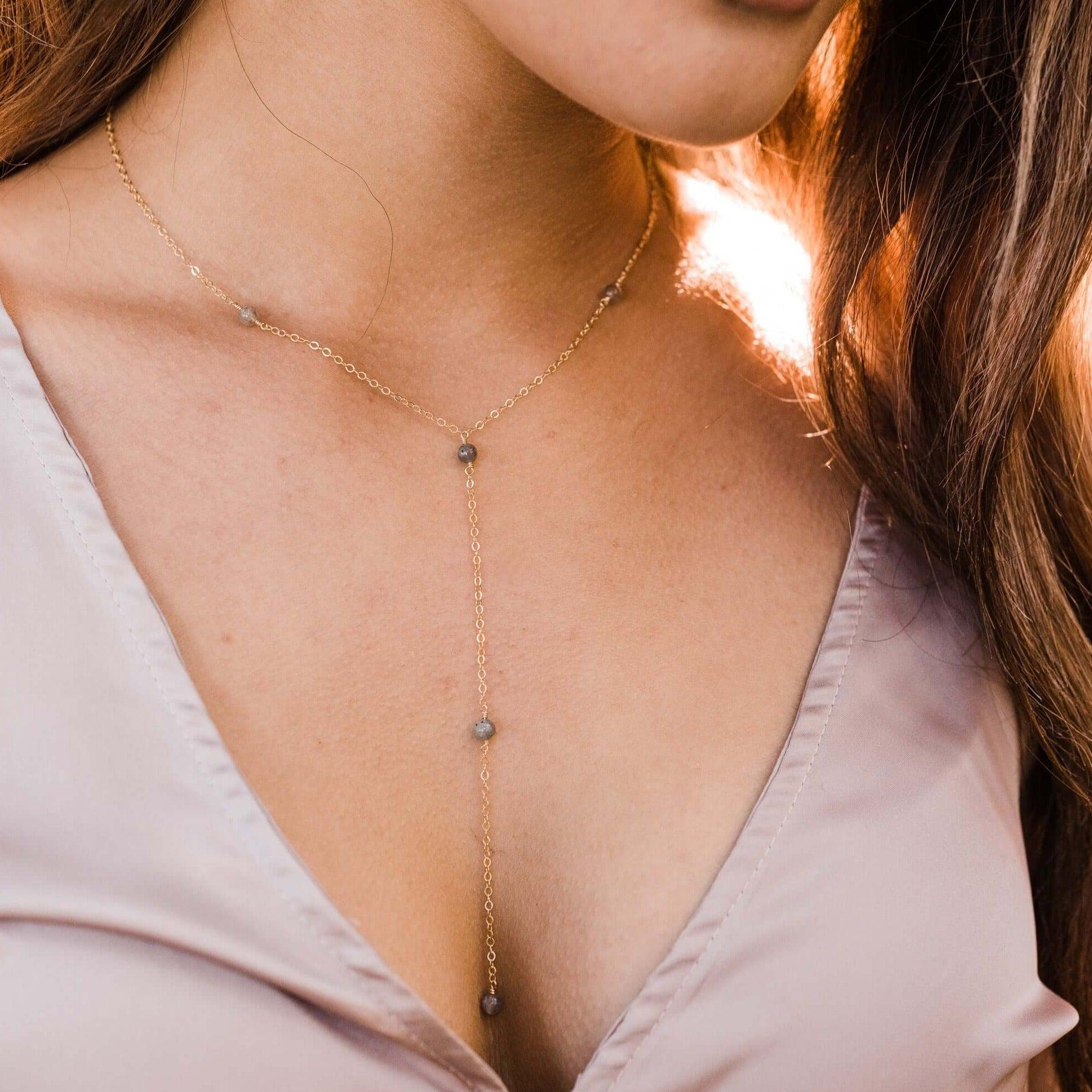 Dainty Labradorite Lariat Necklace - Dainty Labradorite Lariat Necklace - 14k Gold Fill - Luna Tide Handmade Crystal Jewellery