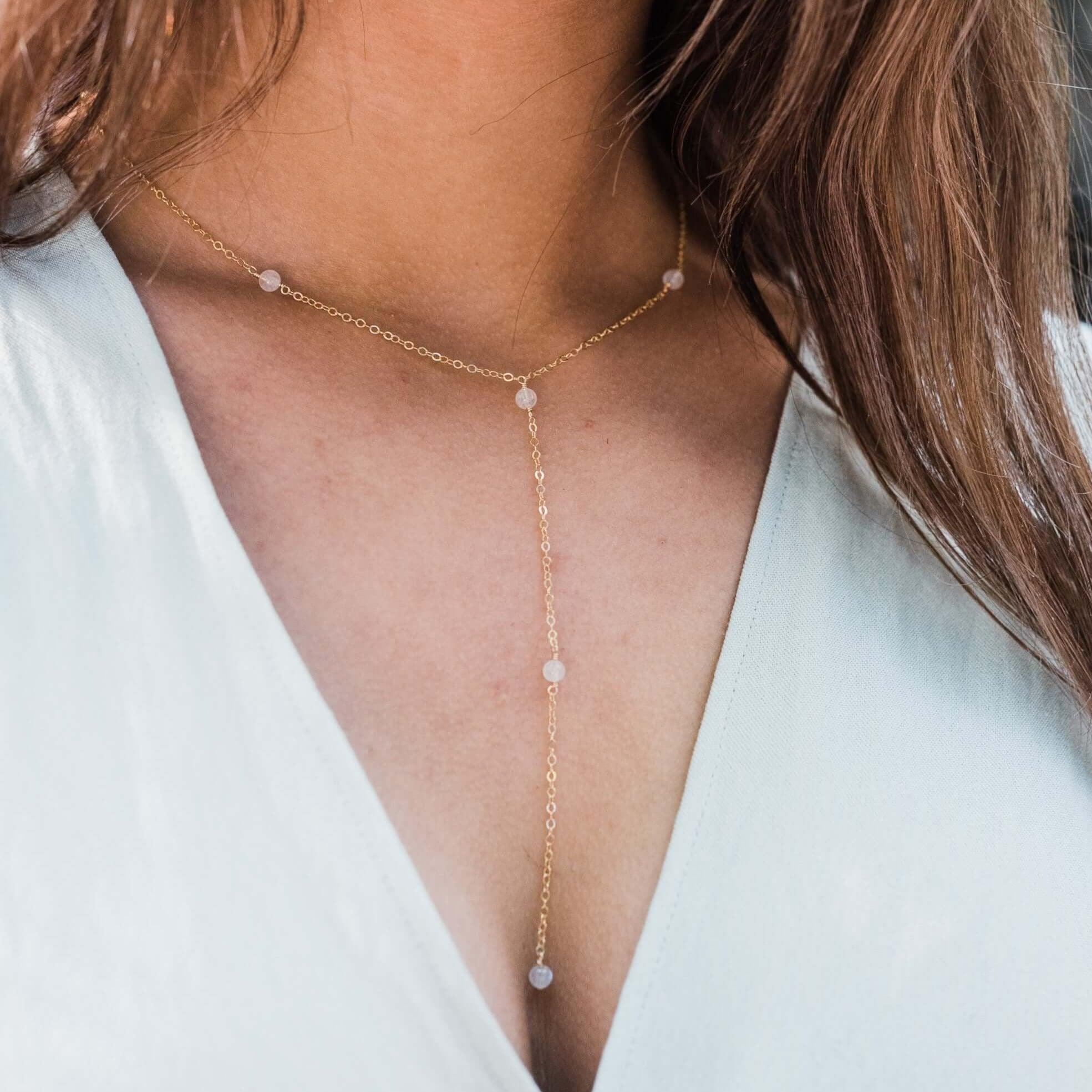 Dainty Rainbow Moonstone Lariat Necklace - Dainty Rainbow Moonstone Lariat Necklace - 14k Gold Fill - Luna Tide Handmade Crystal Jewellery