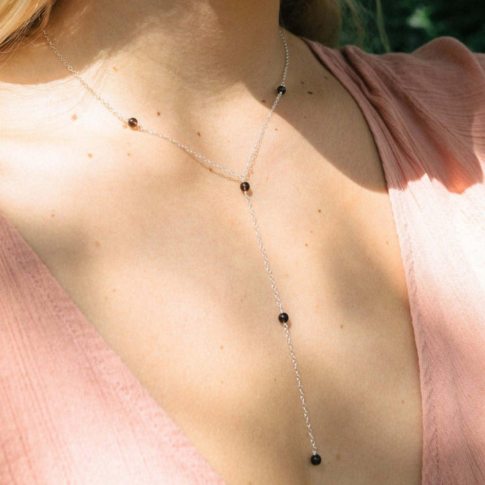 Dainty Smoky Quartz Lariat Necklace - Dainty Smoky Quartz Lariat Necklace - Sterling Silver - Luna Tide Handmade Crystal Jewellery