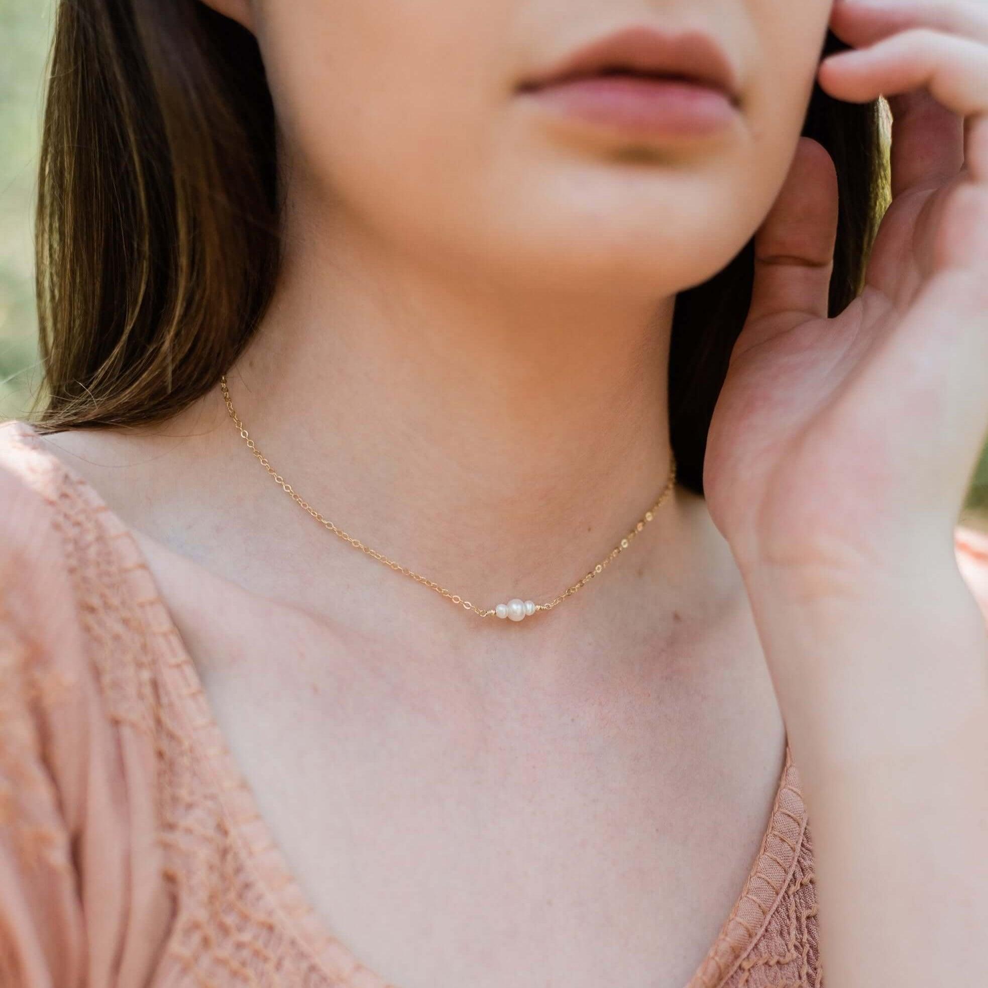 Dainty White Freshwater Pearl Gemstone Choker Necklace - Dainty White Freshwater Pearl Gemstone Choker Necklace - 14k Gold Fill - Luna Tide Handmade Crystal Jewellery