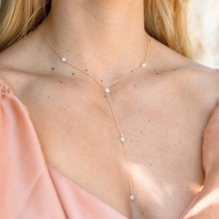 Dainty White Selenite Gemstone Lariat Necklace - Dainty White Selenite Gemstone Lariat Necklace - 14k Gold Fill - Luna Tide Handmade Crystal Jewellery