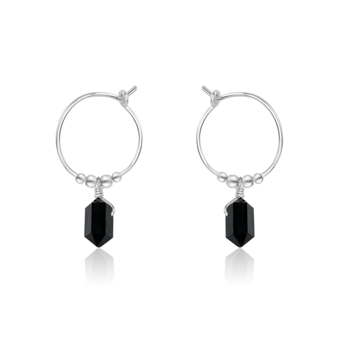Double Terminated Black Tourmaline Mini Crystal Point Dangle Hoop Earrings - Double Terminated Black Tourmaline Mini Crystal Point Dangle Hoop Earrings - Sterling Silver - Luna Tide Handmade Crystal Jewellery