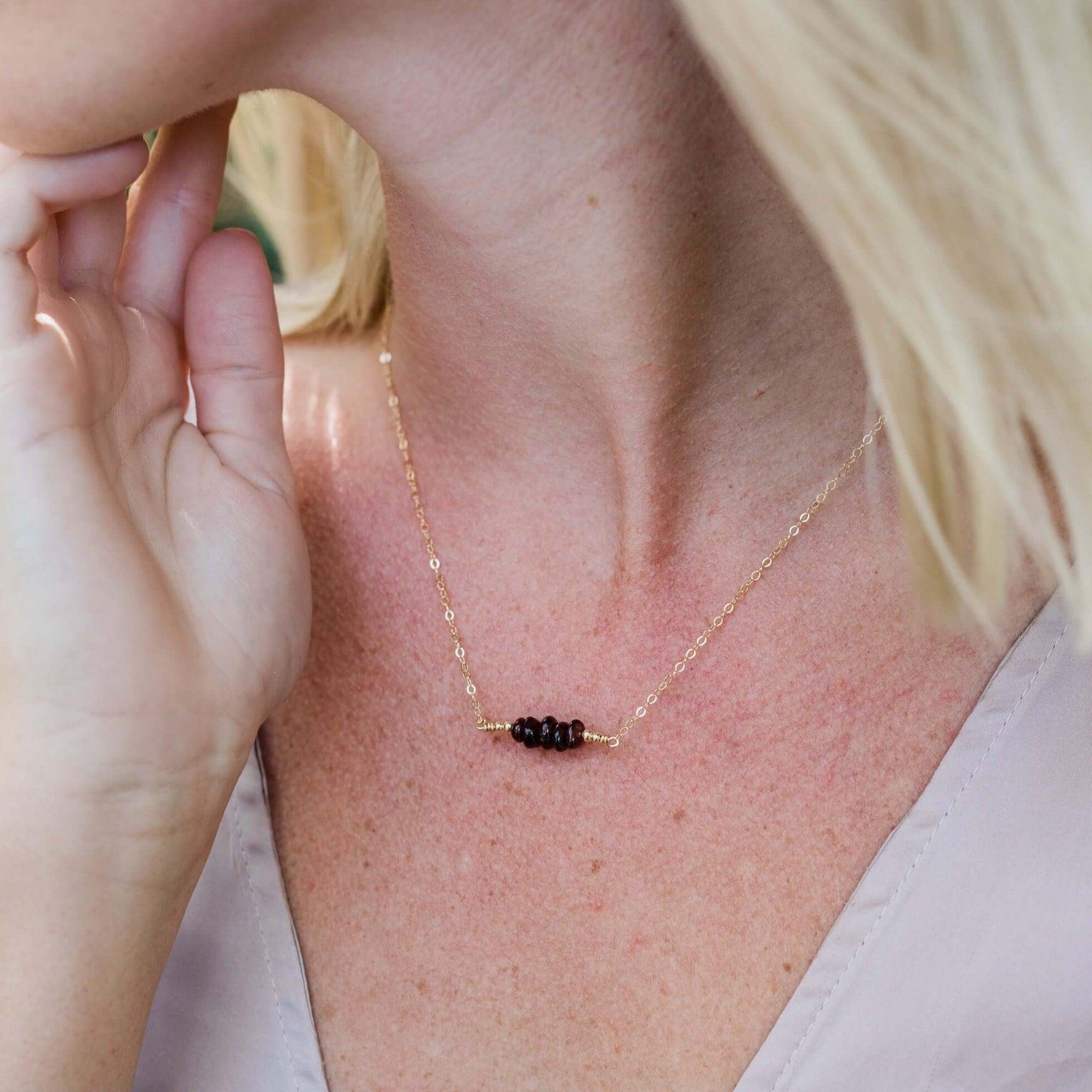 Garnet Chip Bead Bar Necklace - Garnet Chip Bead Bar Necklace - Sterling Silver - Luna Tide Handmade Crystal Jewellery