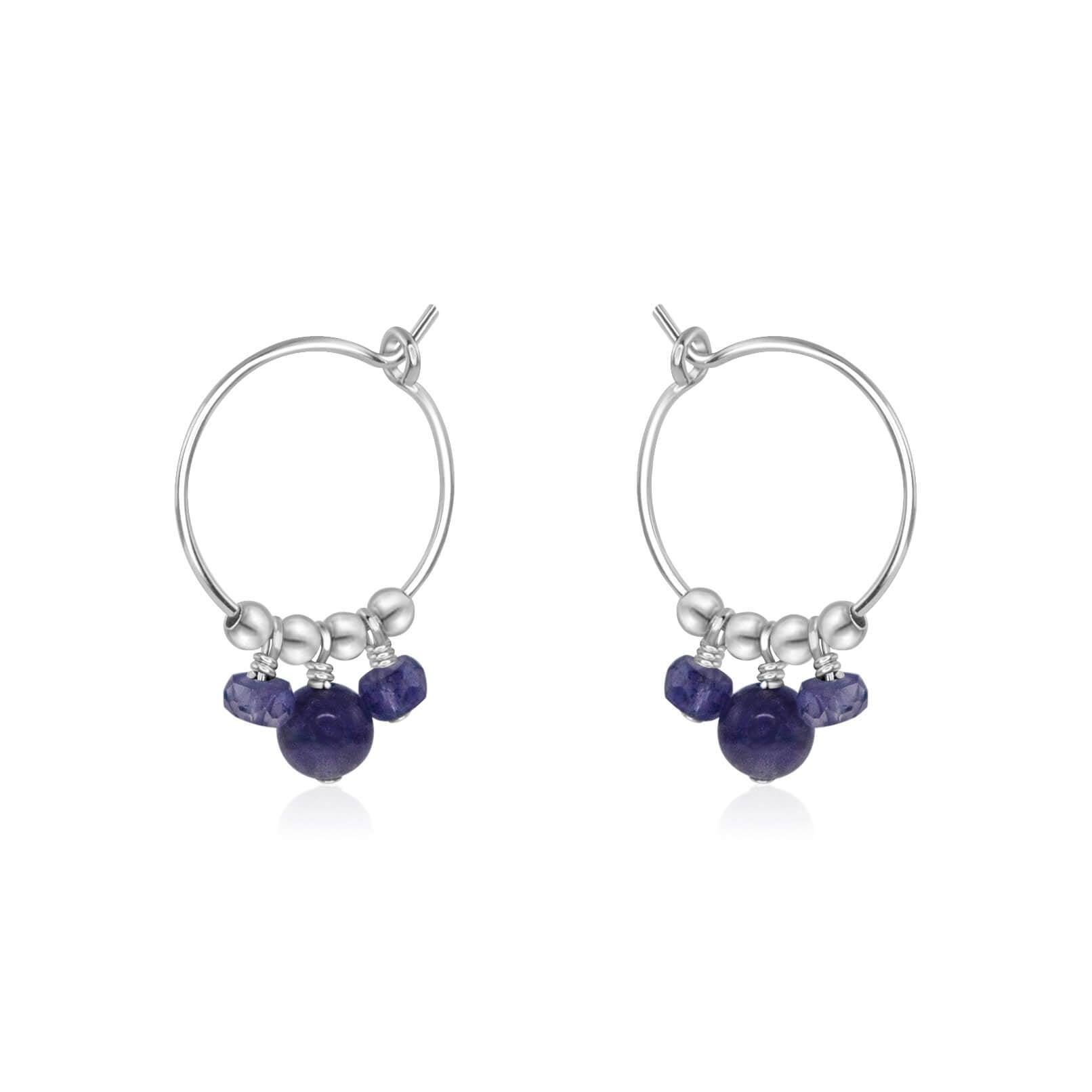 Grey Iolite Gemstone Bead Drop Hoop Earrings - Grey Iolite Gemstone Bead Drop Hoop Earrings - Sterling Silver - Luna Tide Handmade Crystal Jewellery