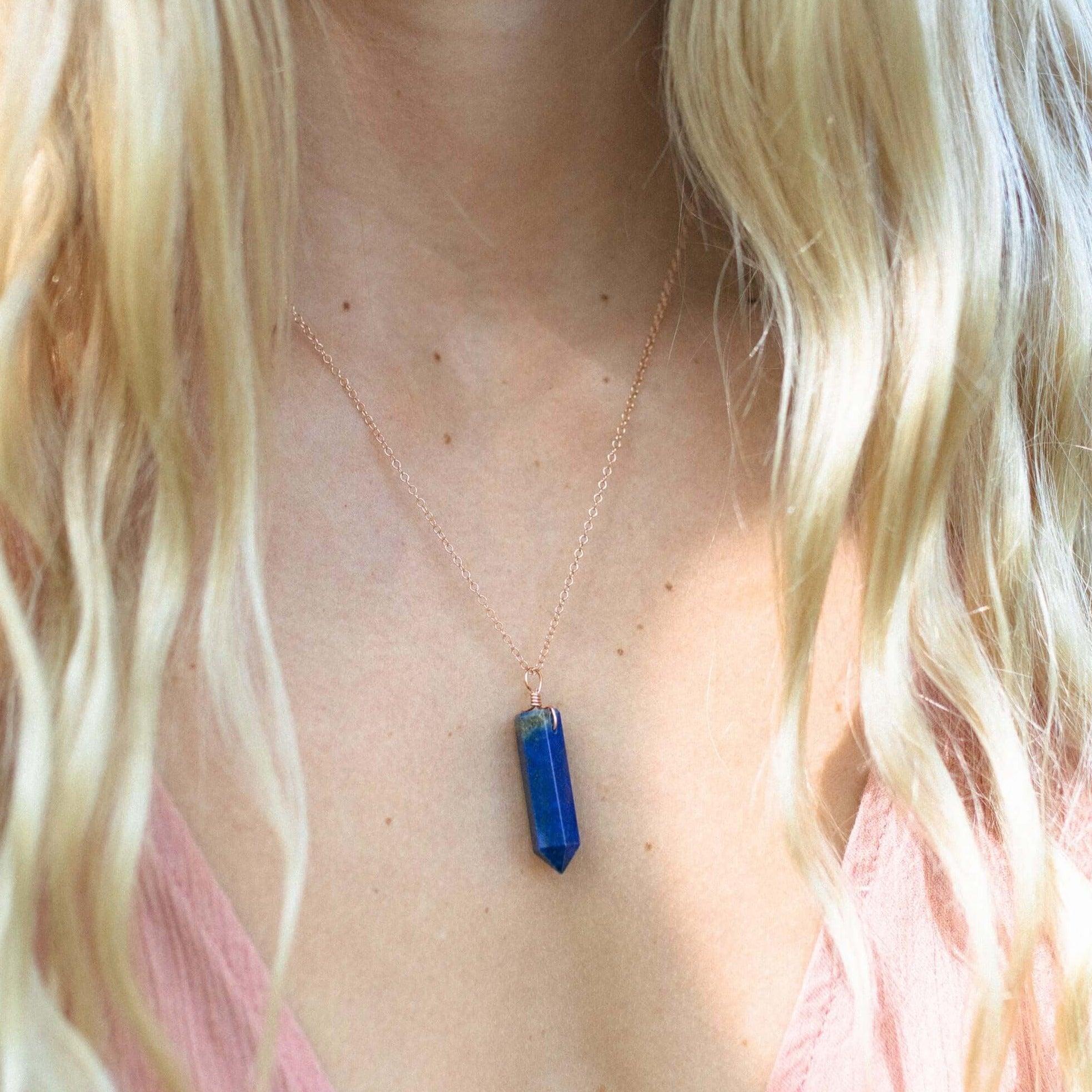 Lapis Lazuli Crystal Generator Point Pendant Necklace - Lapis Lazuli Crystal Generator Point Pendant Necklace - Sterling Silver / Cable - Luna Tide Handmade Crystal Jewellery