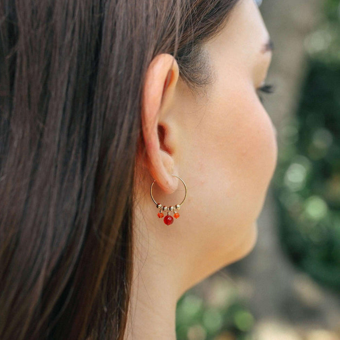 Orange Carnelian Gemstone Bead Drop Hoop Earrings - Orange Carnelian Gemstone Bead Drop Hoop Earrings - 14k Gold Fill - Luna Tide Handmade Crystal Jewellery