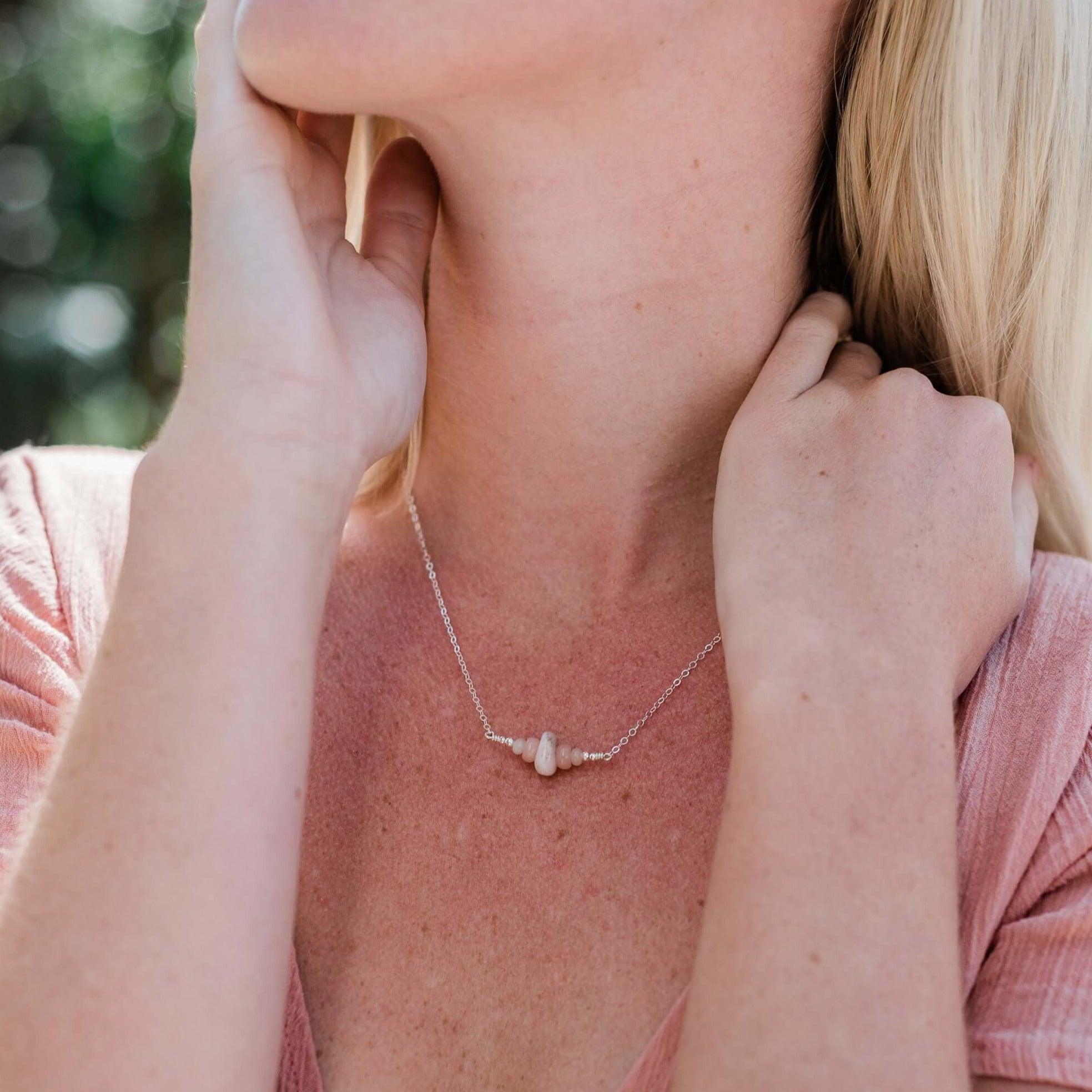 Pink Peruvian Opal Chip Bead Bar Necklace - Pink Peruvian Opal Chip Bead Bar Necklace - 14k Gold Fill - Luna Tide Handmade Crystal Jewellery