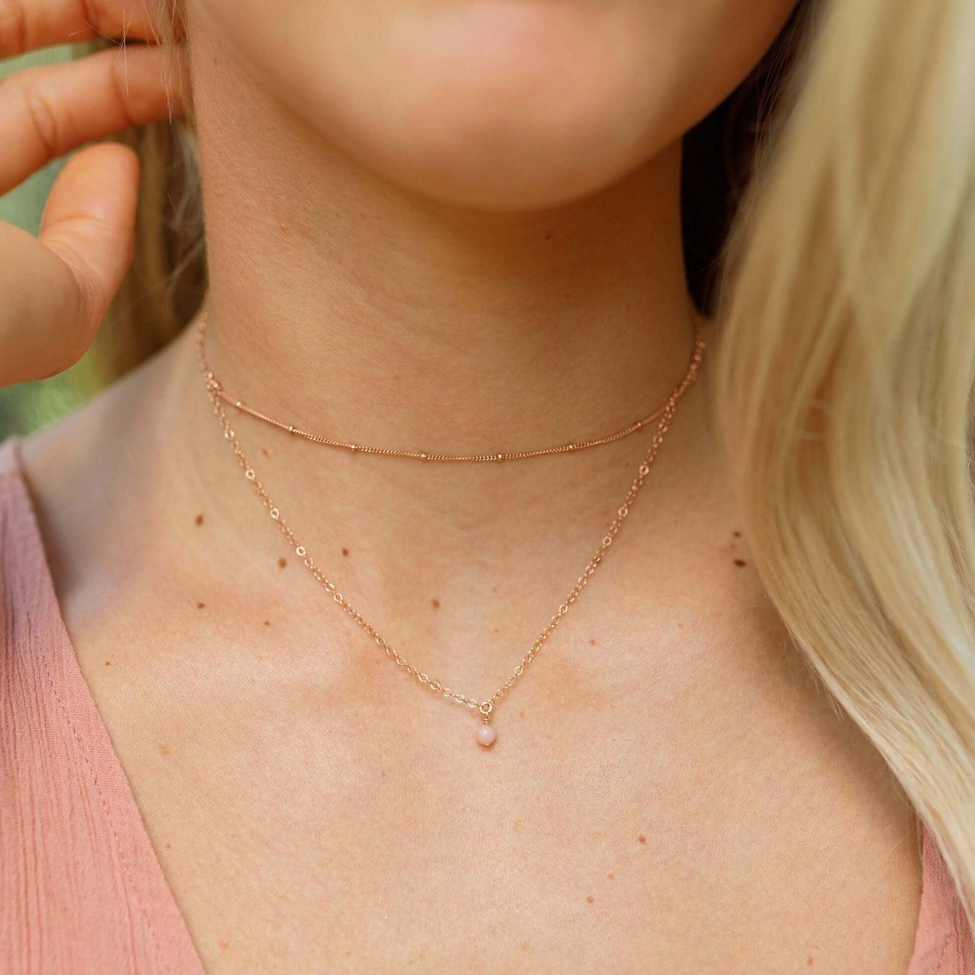 Pink Peruvian Opal Gemstone Chain Layered Choker Necklace - Pink Peruvian Opal Gemstone Chain Layered Choker Necklace - 14k Gold Fill - Luna Tide Handmade Crystal Jewellery
