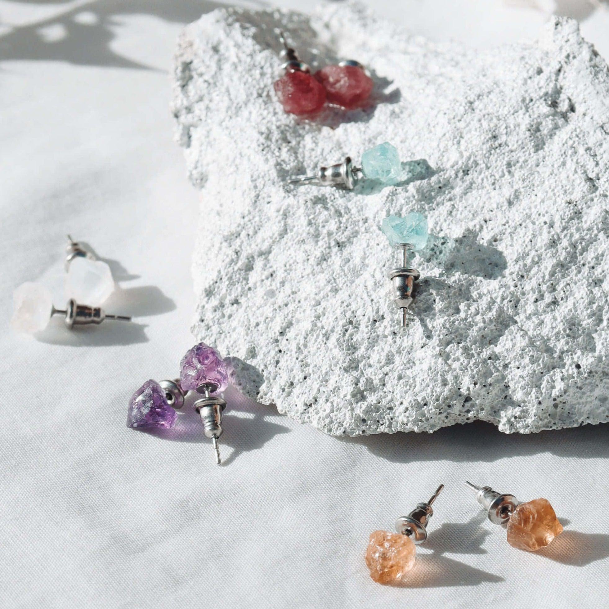 Rainbow Moonstone Raw Crystal Stud Earrings - Rainbow Moonstone Raw Crystal Stud Earrings - Sterling Silver - Luna Tide Handmade Crystal Jewellery