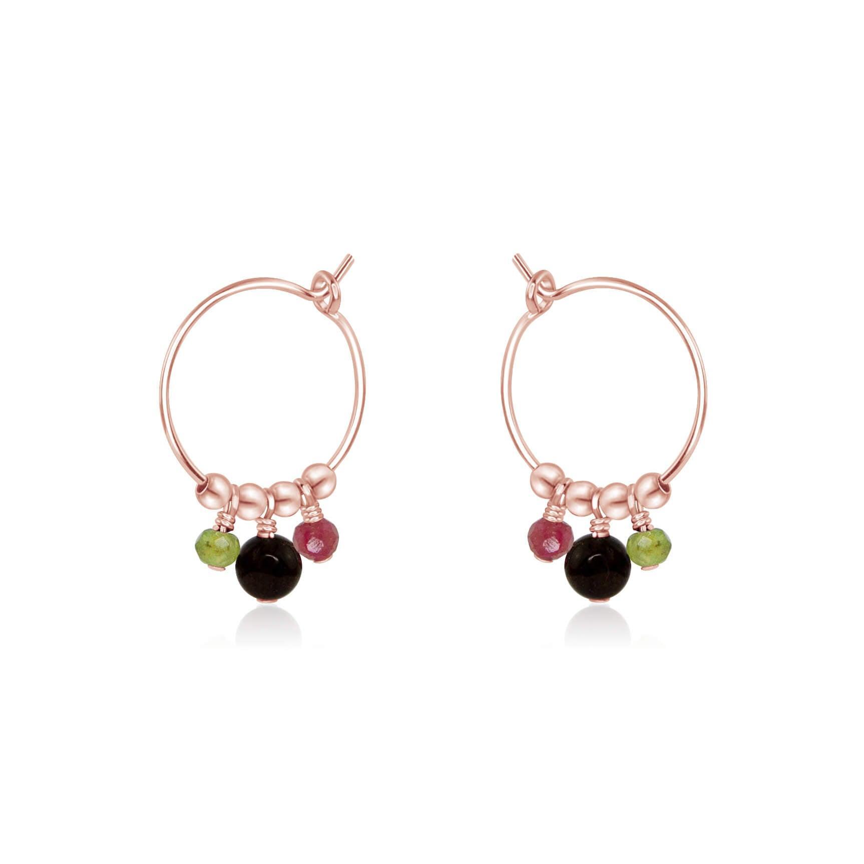 Rainbow Tourmaline Gemstone Bead Drop Hoop Earrings - Rainbow Tourmaline Gemstone Bead Drop Hoop Earrings - 14k Rose Gold Fill - Luna Tide Handmade Crystal Jewellery